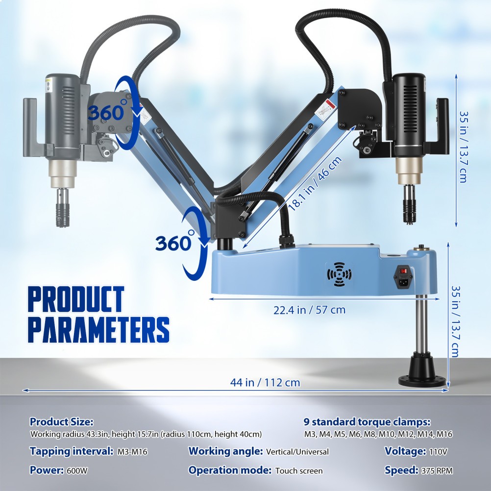 M3-M16 Electric Tapping Machine Tapper Tapping Arm Universal 360° 9X ANSI Collet