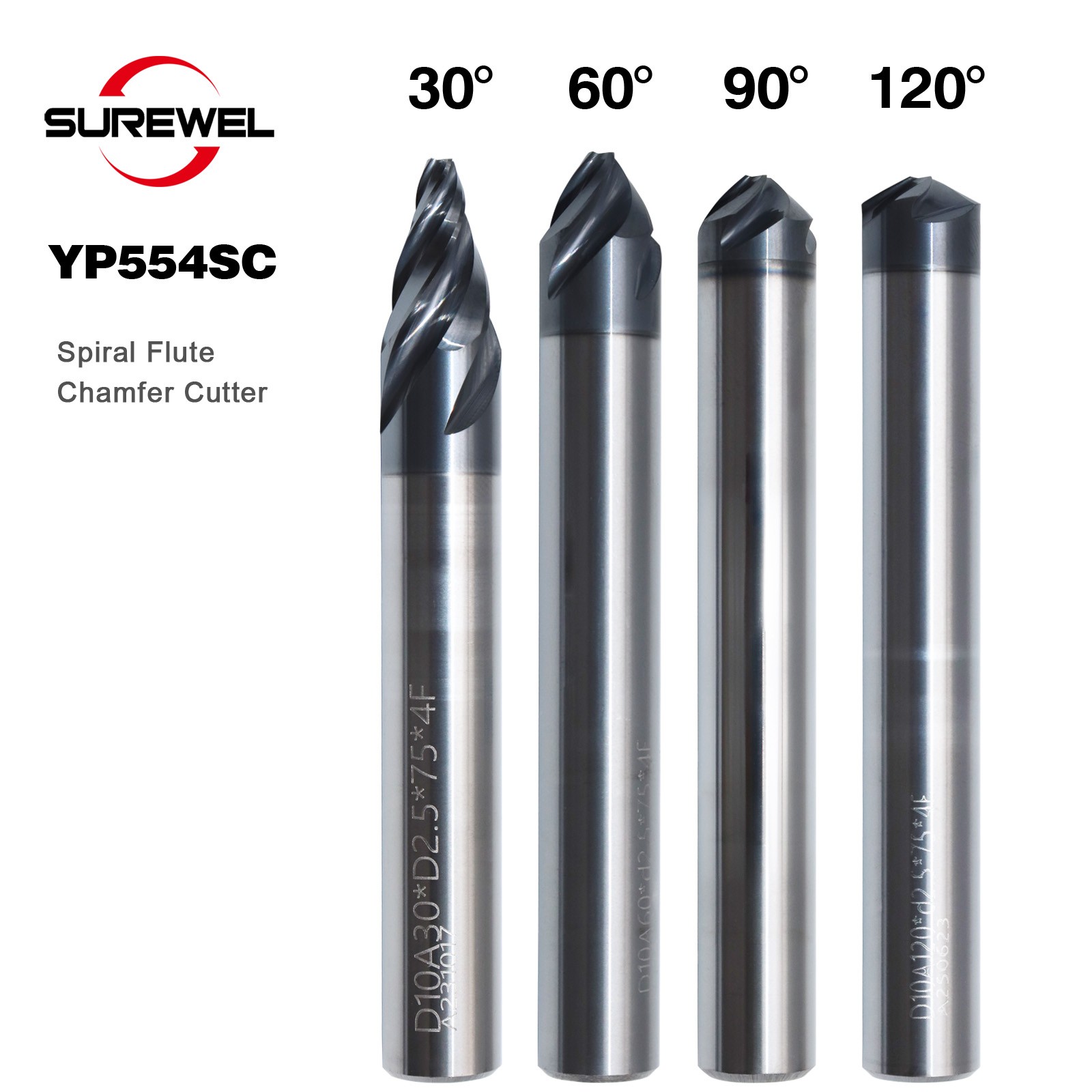 CNC 4Flute Spiral Chamfer Cutter 30/60/90/120 Degree AlTiN Coated Deburring Tool