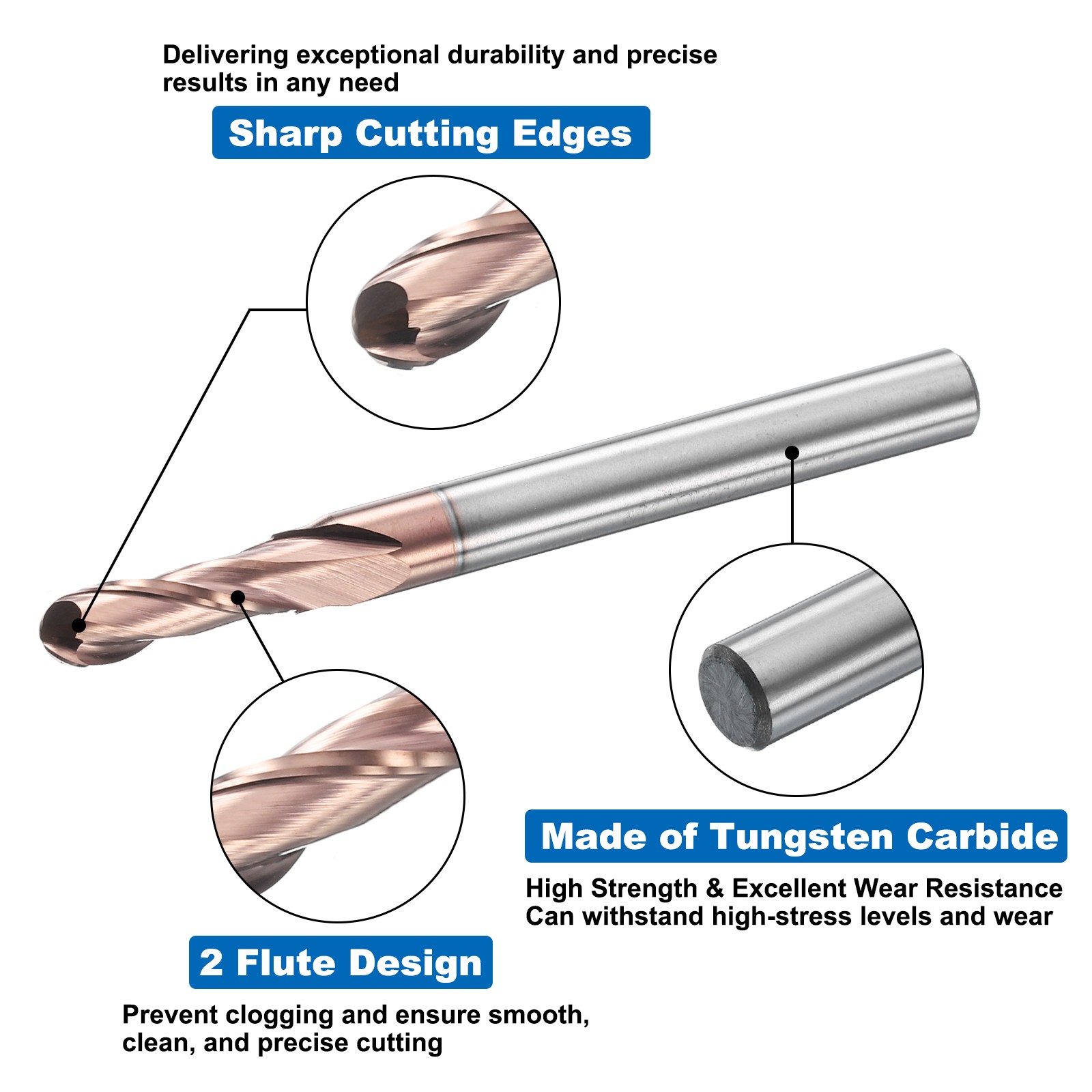 2 Flute Ball Nose End Mill 1/2″ Cutting Length Uncoated for Carving Engraving