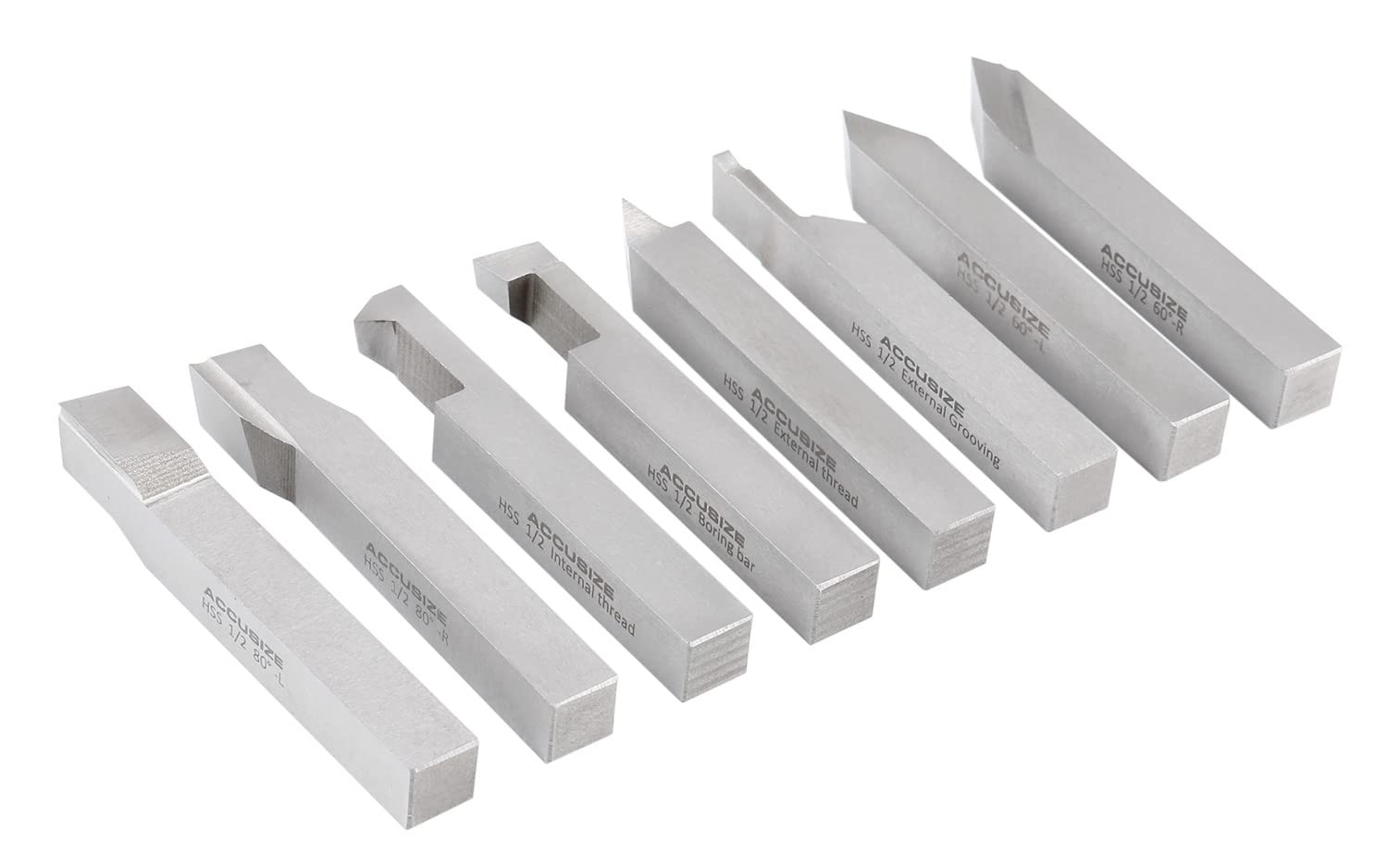 Accusize Industrial Tools 1/2” 8 Pcs Hss Tool Bit Set, Pre-Ground for Turning a