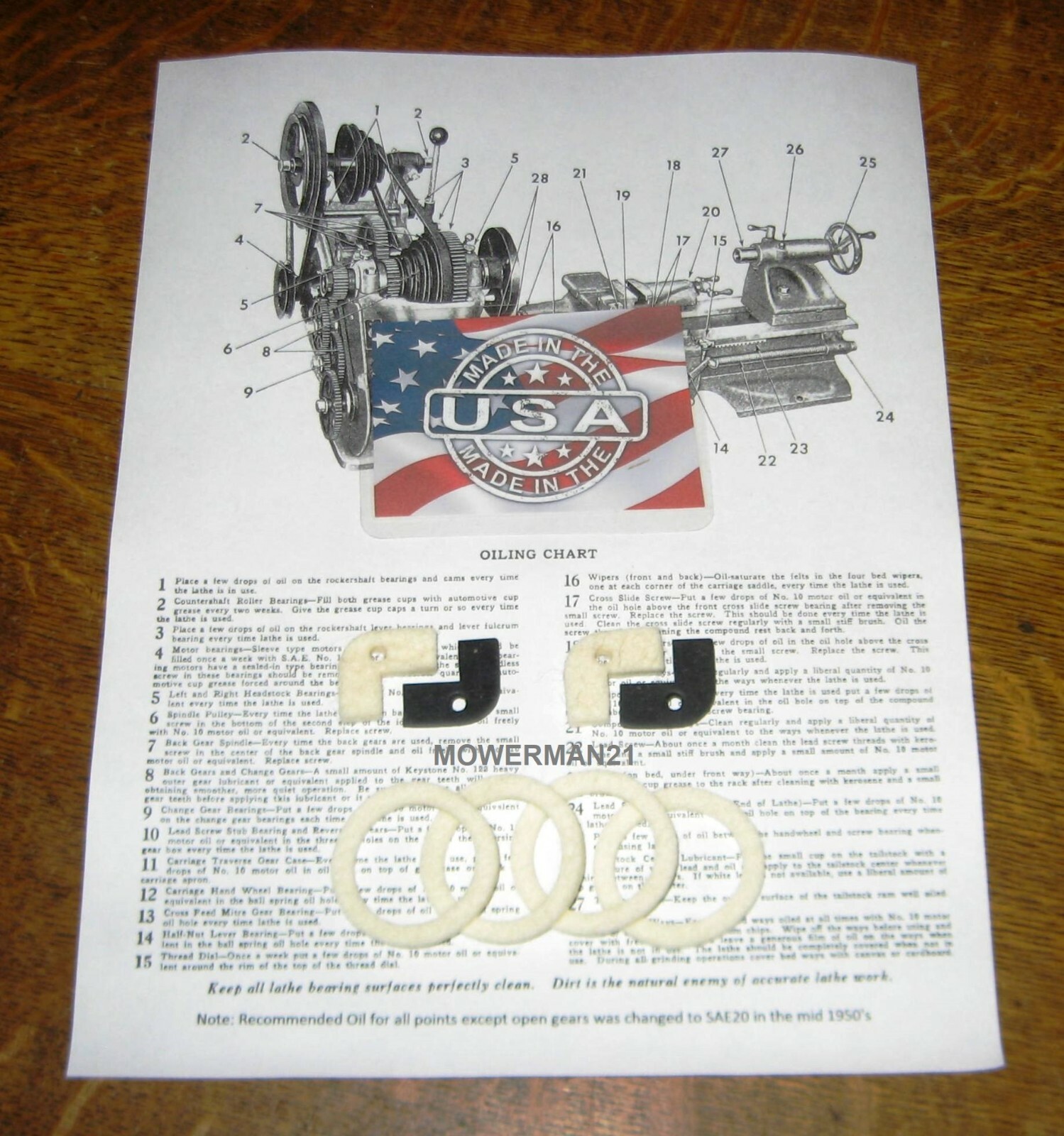 NEW ATLAS LATHE 2x FELT-WIPERS-WASHERS- 20W OIL- MAINT .KIT PRIORITY SHIP