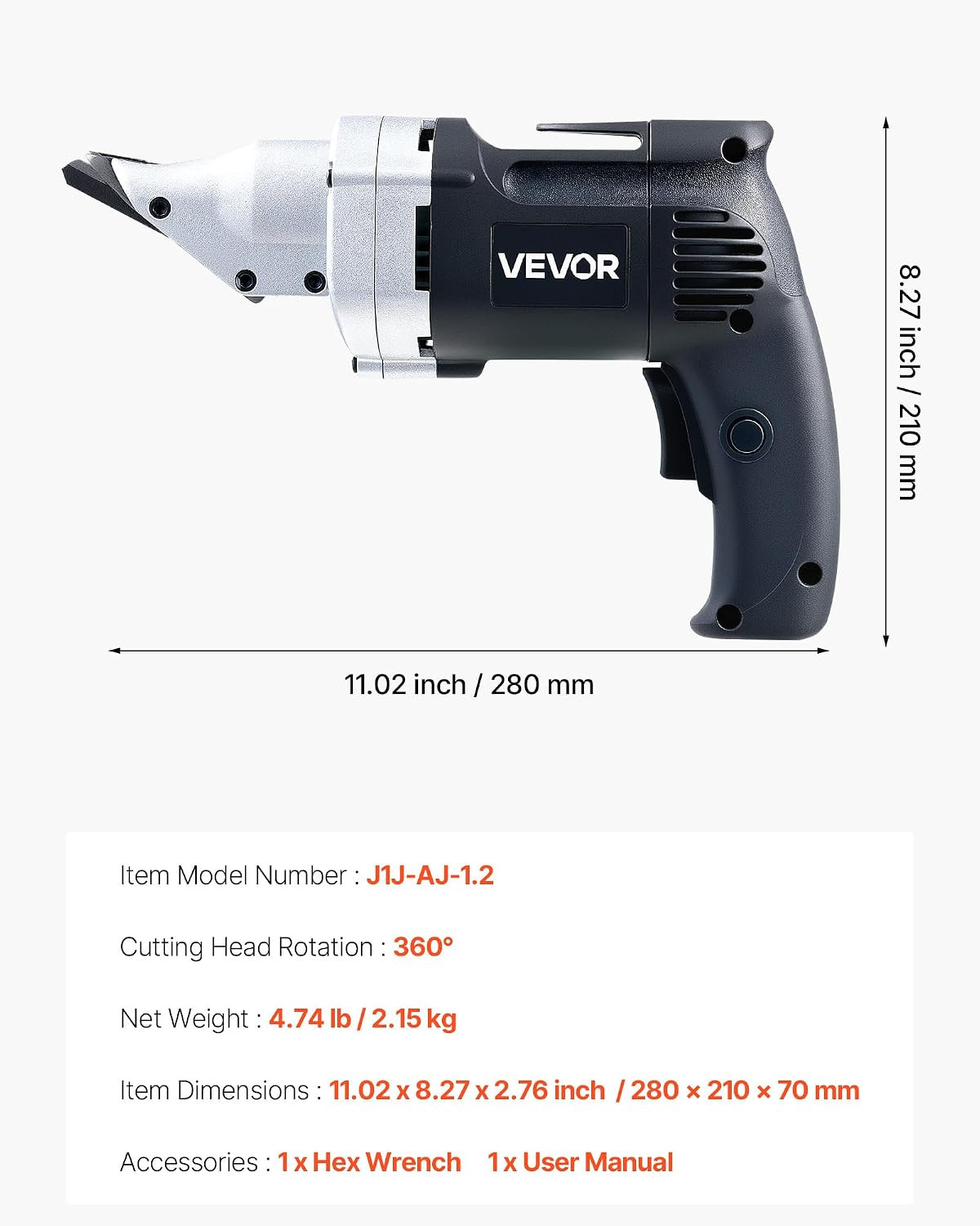 Electric Metal Shear, 4.0-Amp Corded Sheet Metal Cutter with 360-Degree Swivel H