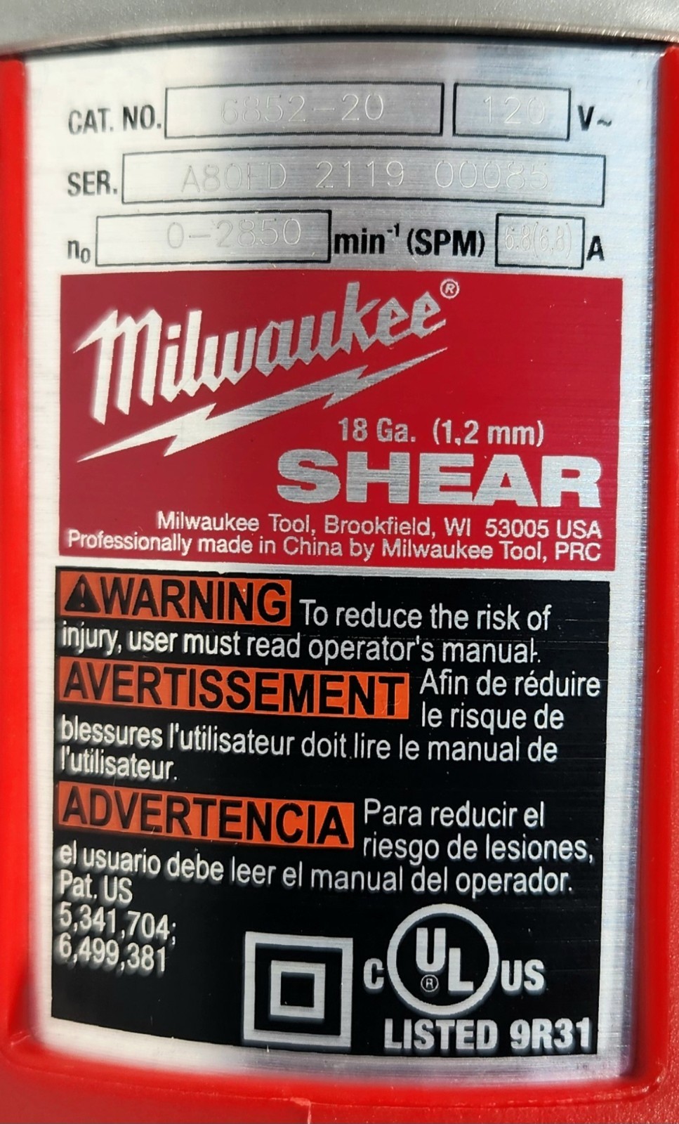 Milwaukee 18 Inch Gauge Metal Shear 6852–20 Corded USED