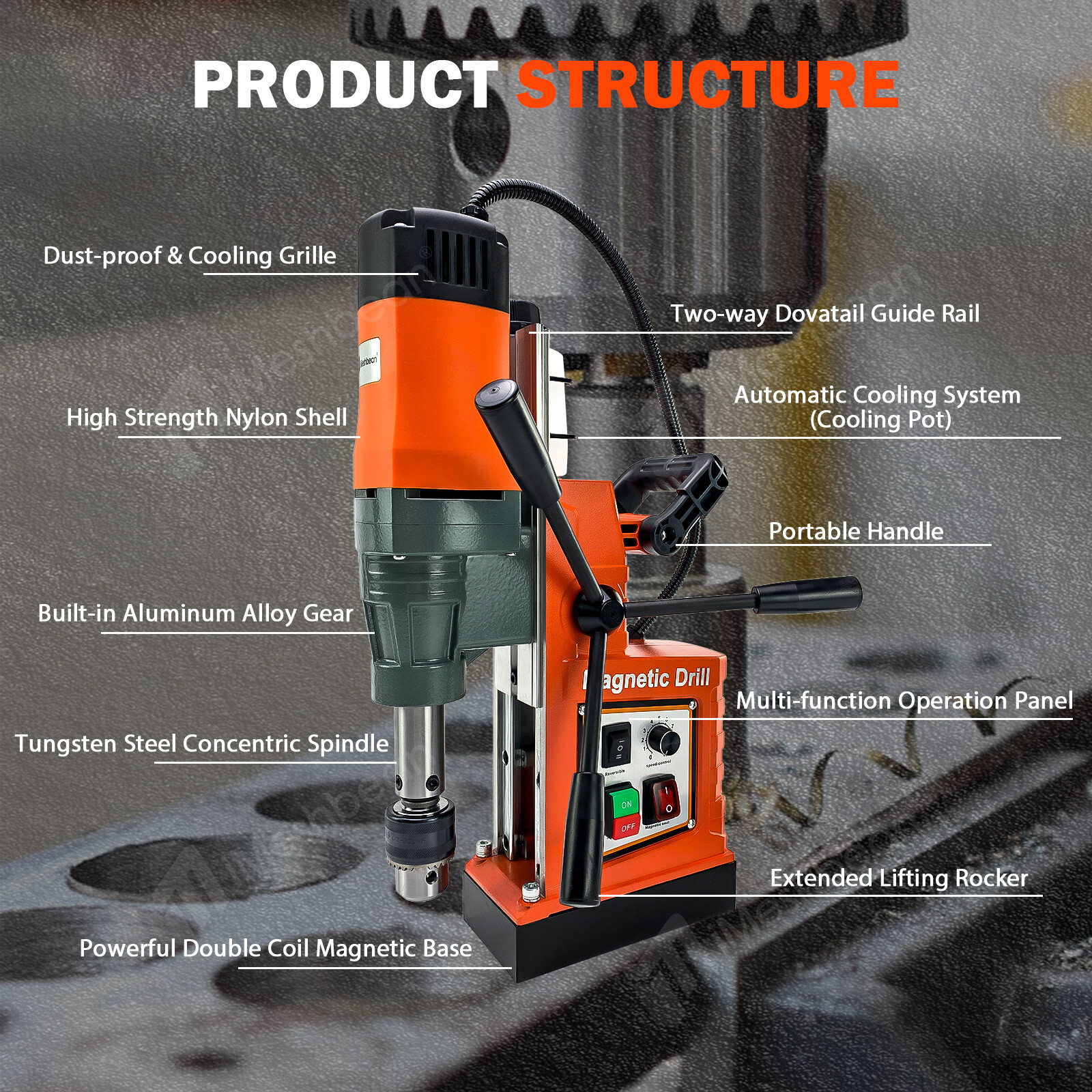 1550W Electric Magnetic Drill Press 13800N 760RPM Stepless Speed Mag Drill Press