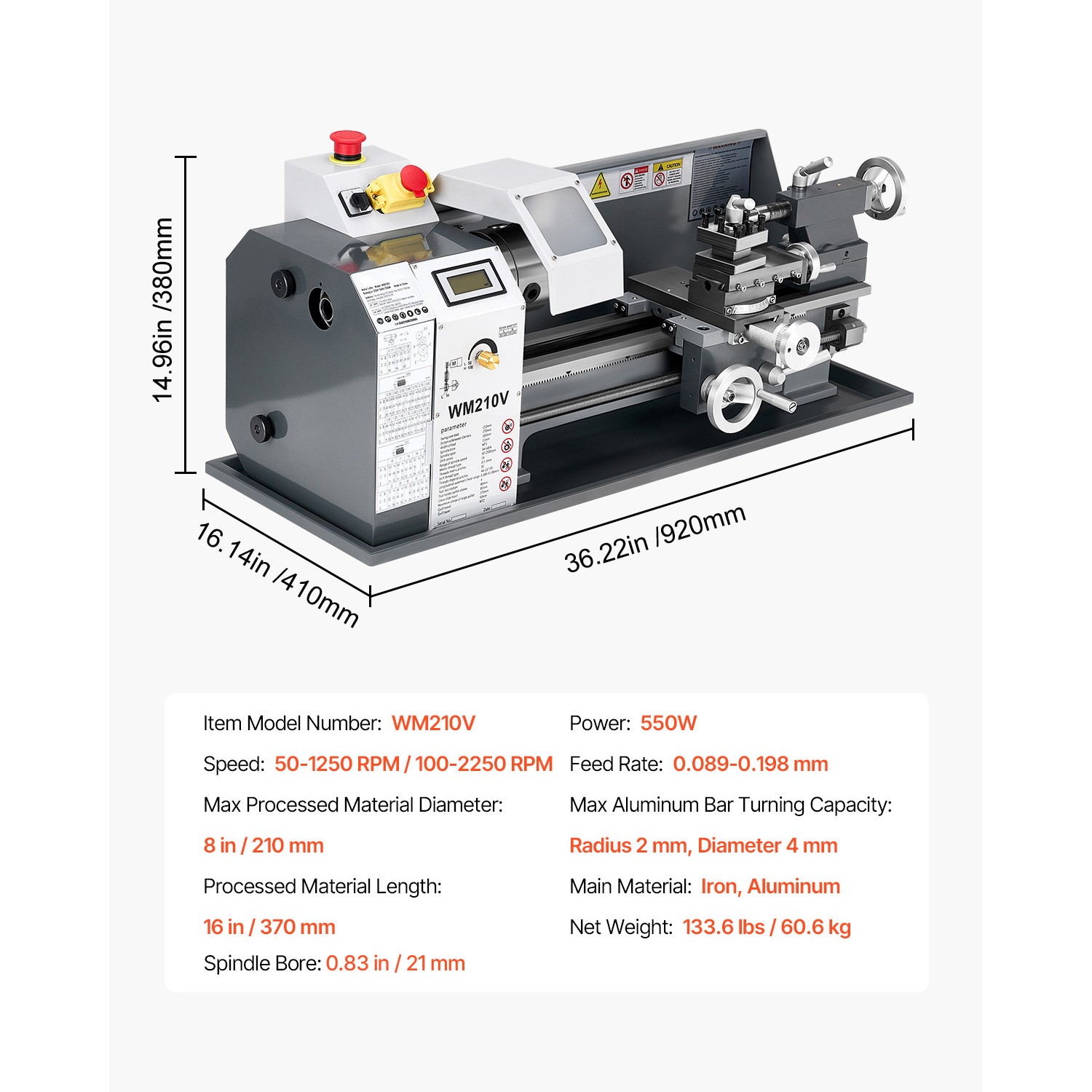 Metal Lathe 8 x 16 in 550W Benchtop Lathe Machine 0-2500 RPM Variable Speed