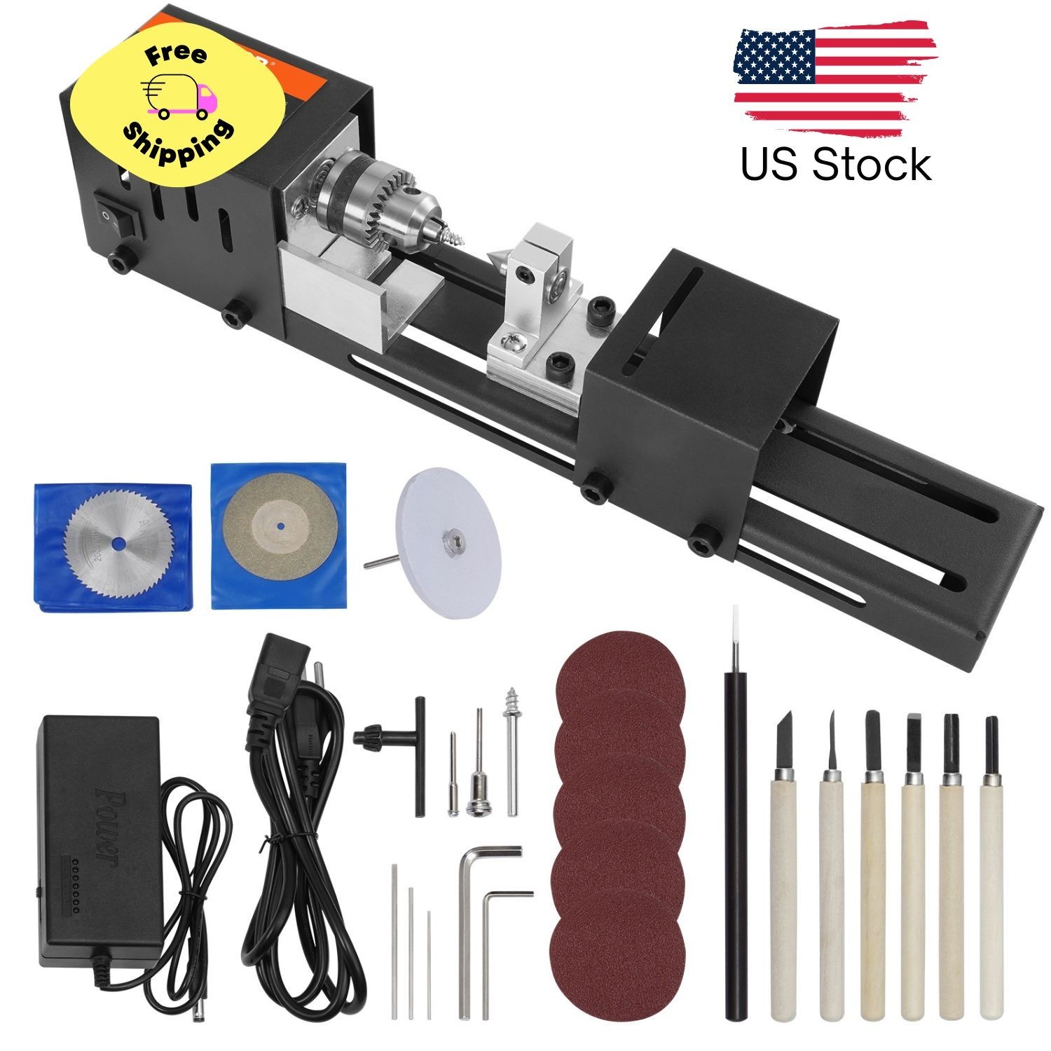 Mini Lathe Machine 24V 96W Mini Wood Lathe Tools 2.76 in x 6.3 in 7 Speeds