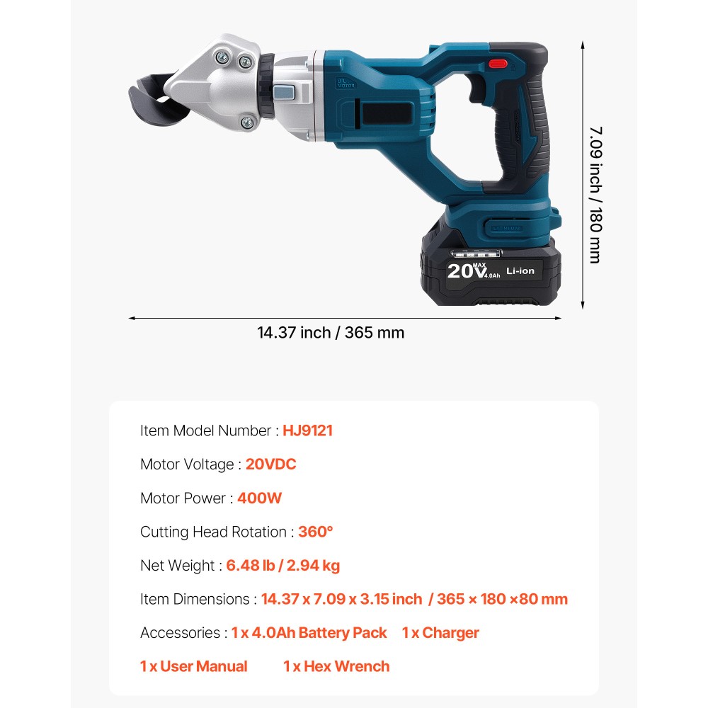 Cordless Metal Shear 20V 2800 SPM 360° Pivoting Head Cuts 18 GA Steel
