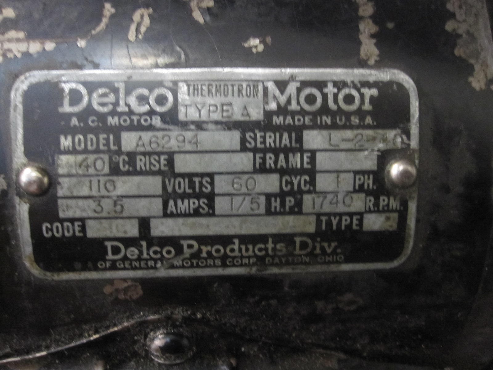 Delco Thermotron Type A Motor 1/5 HP 1740 RPM 110V A6294 Drill Press Lathe