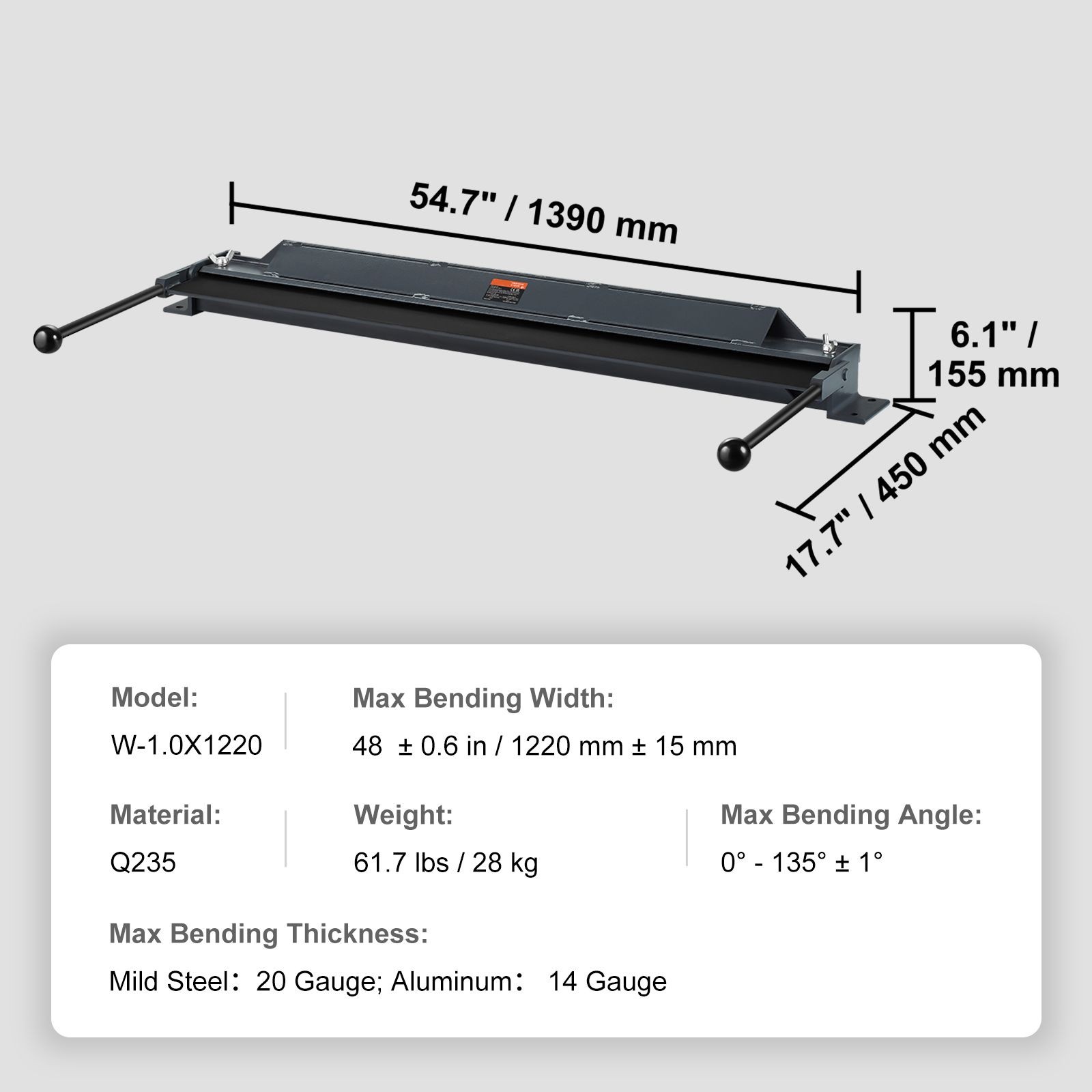Box and Pan Brake, 48-Inch, 0-130 Degrees Sheet Metal Bending Brake