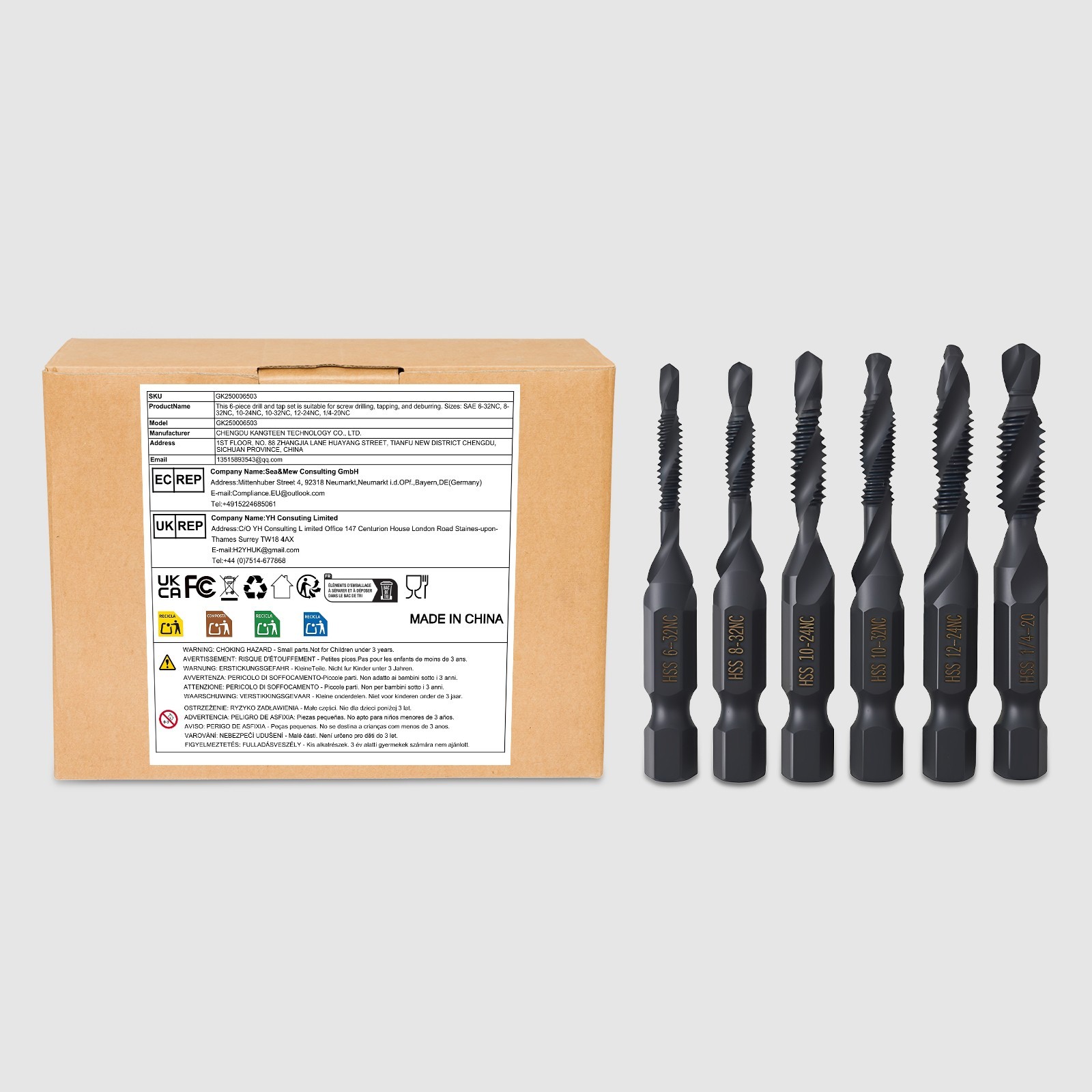 Black Drill Tap Set, 6-Piece Drill Tap Set, American Standard Drill Tap Set