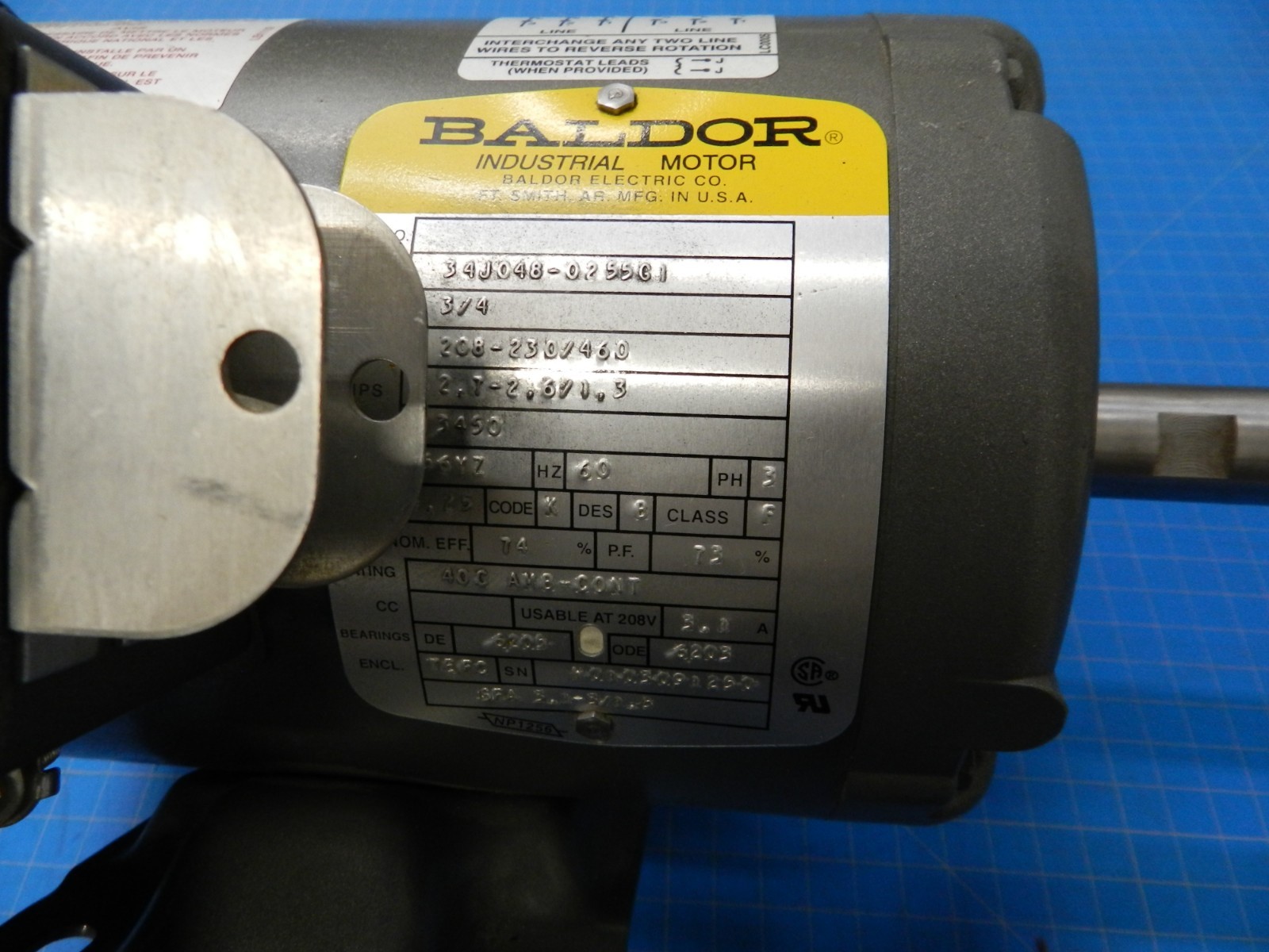 Baldor Industrial Motor 3/4HP, 1750 RPM, 3 Phase Motor with 5/8” Threaded Shaft
