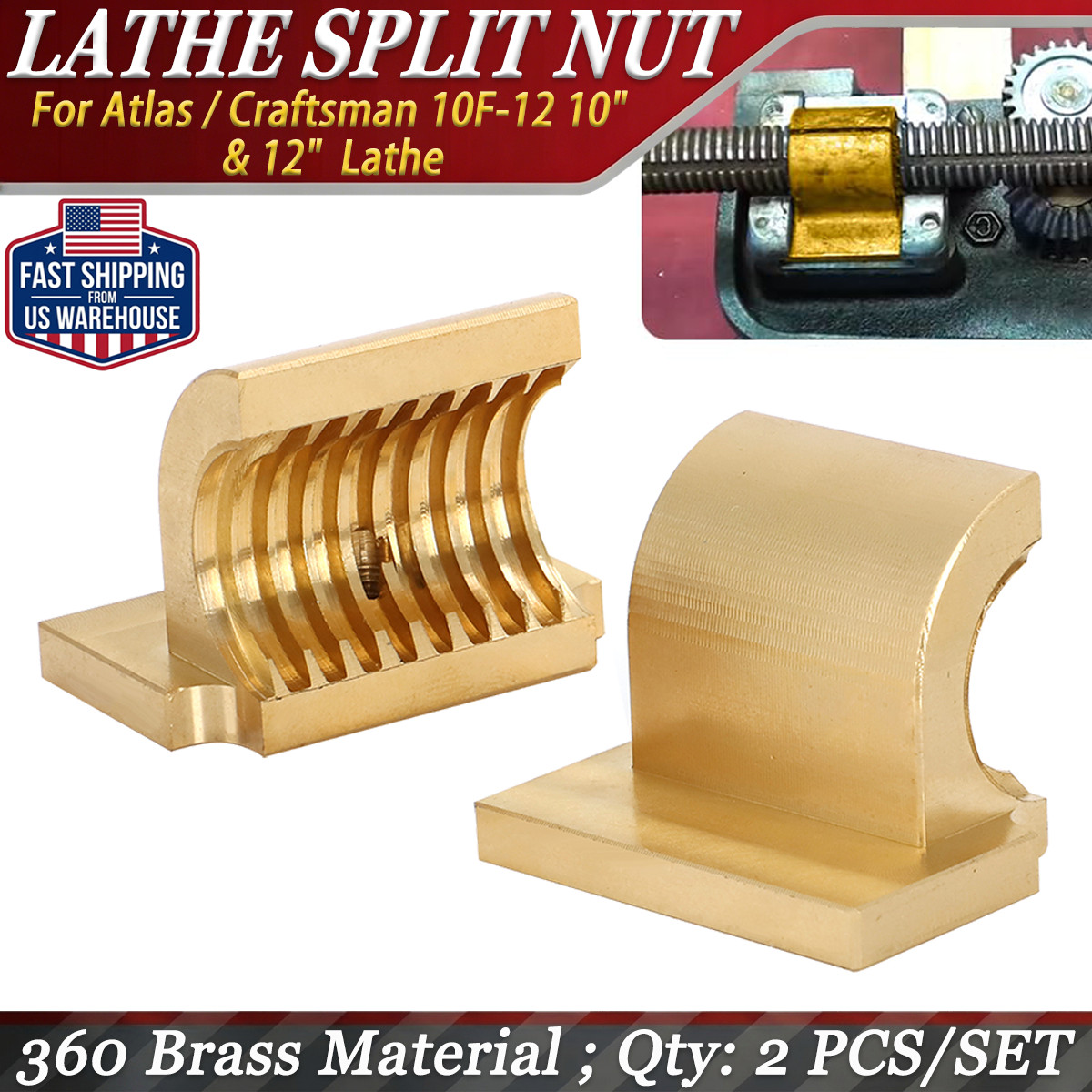 For Atlas / Craftsman Half Nuts / Split Nut , 360 Brass , 10F-12 10″ & 12″ Lathe