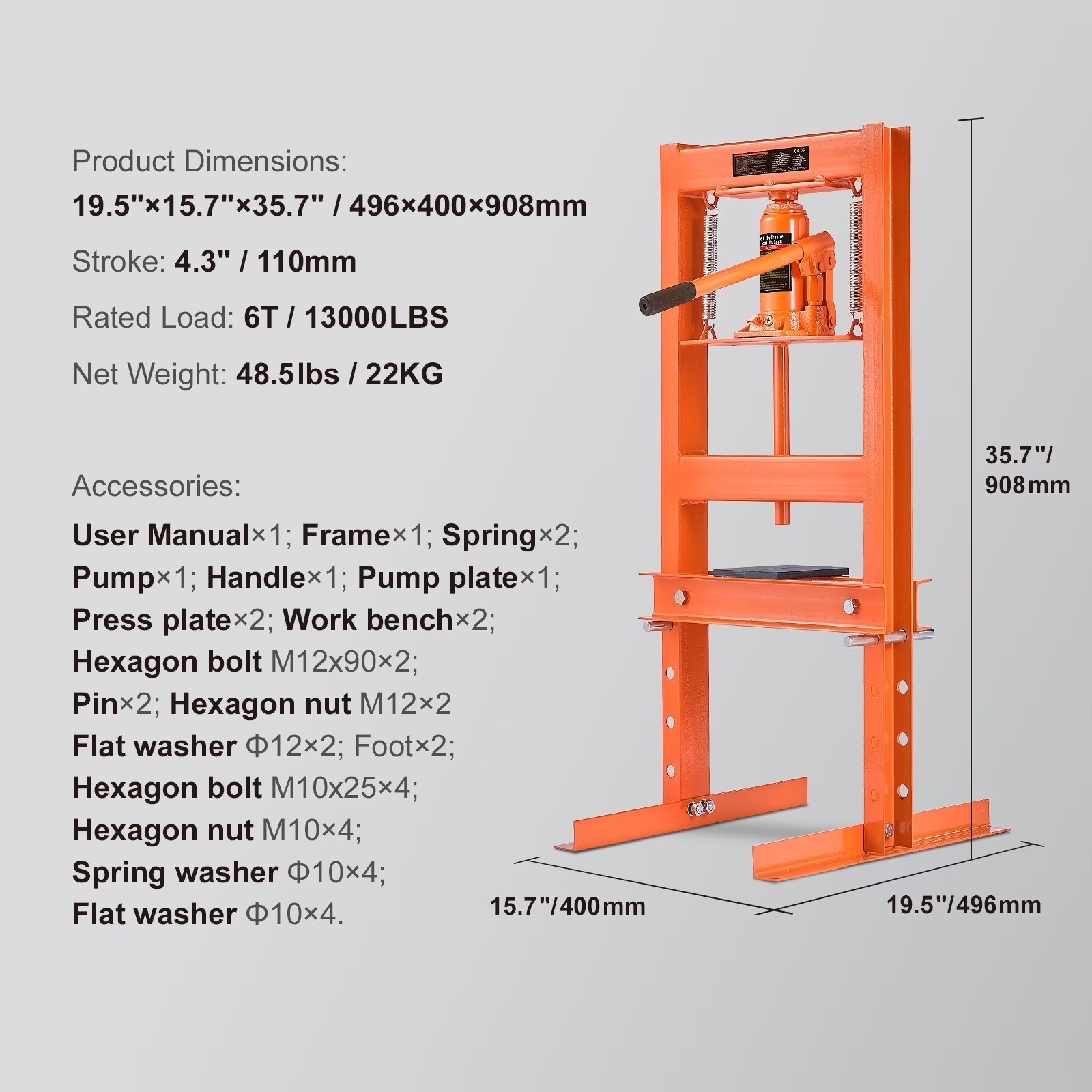 Hydraulic Workshop Press, 6 Ton H-Frame Hydraulic Mechanic’s Floor Press
