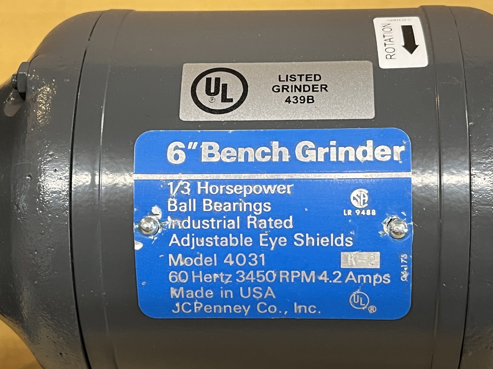 JC Penny 4031 made by Baldor Vintage 6″ Bench Grinder 1/3 H.P. Refurbished 612