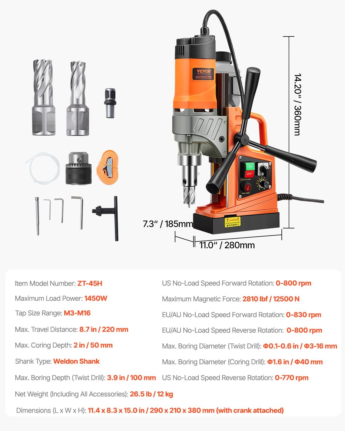 1450W 12500N Portable 850RPM 1.6″ Mag Drill Press 11HSS Bits Magnetic Drill