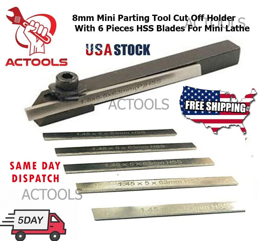 8mm Small Mini Lathe Cut Off Parting Tool Holder With 5mm M2 HSS 6 Pcs Blade USA