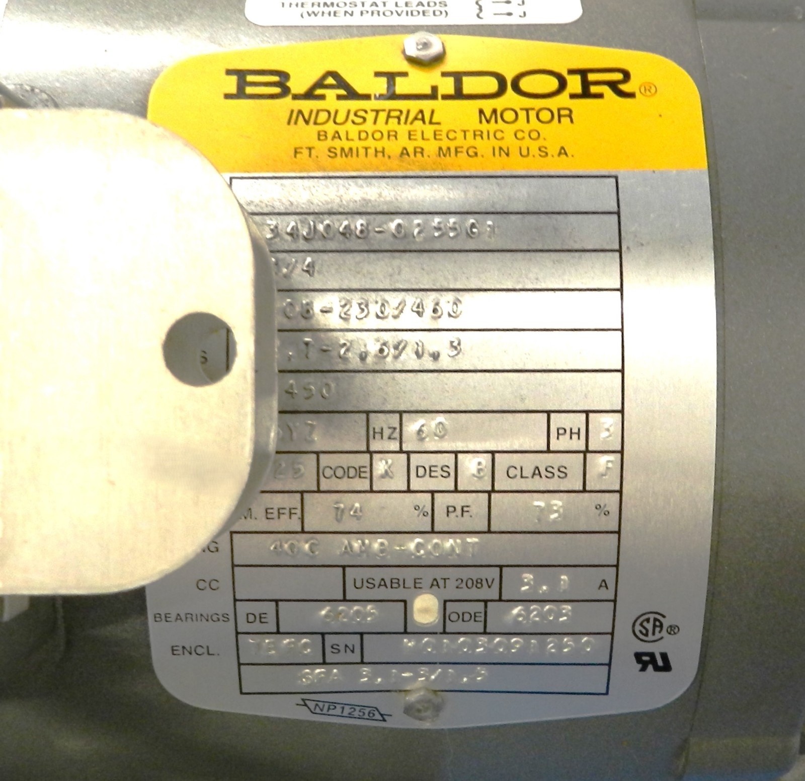 Baldor Industrial Motor 3/4HP, 1750 RPM, 3 Phase Motor with 5/8” Threaded Shaft