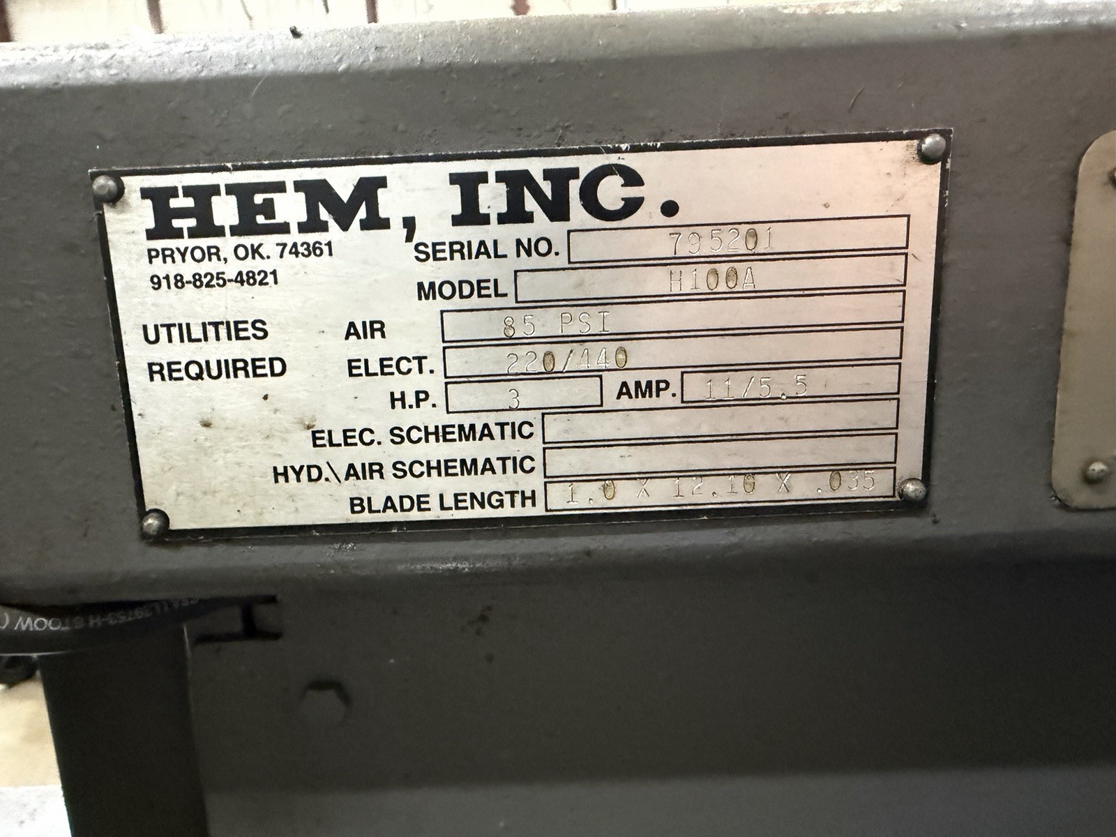 2001 HEM SAW H100 A BAND SAW Manual / AUTOMATIC METAL HORIZONTAL 12.75″ x 11″