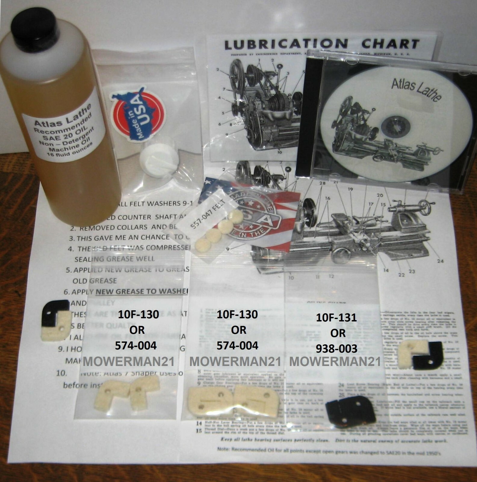 NEW USA ATLAS LATHE 2x FELT-WIPERS- 20W OIL MANUAL CD MAINTENANCE KIT