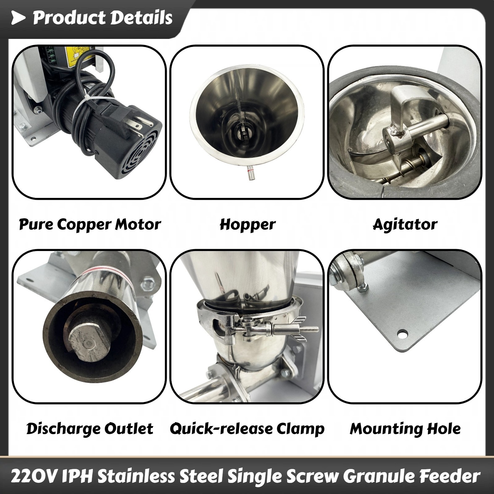 220V 1PH Stainless Steel Single Screw Feeder for Granule/Glass Fiber 0.6-3kg/h