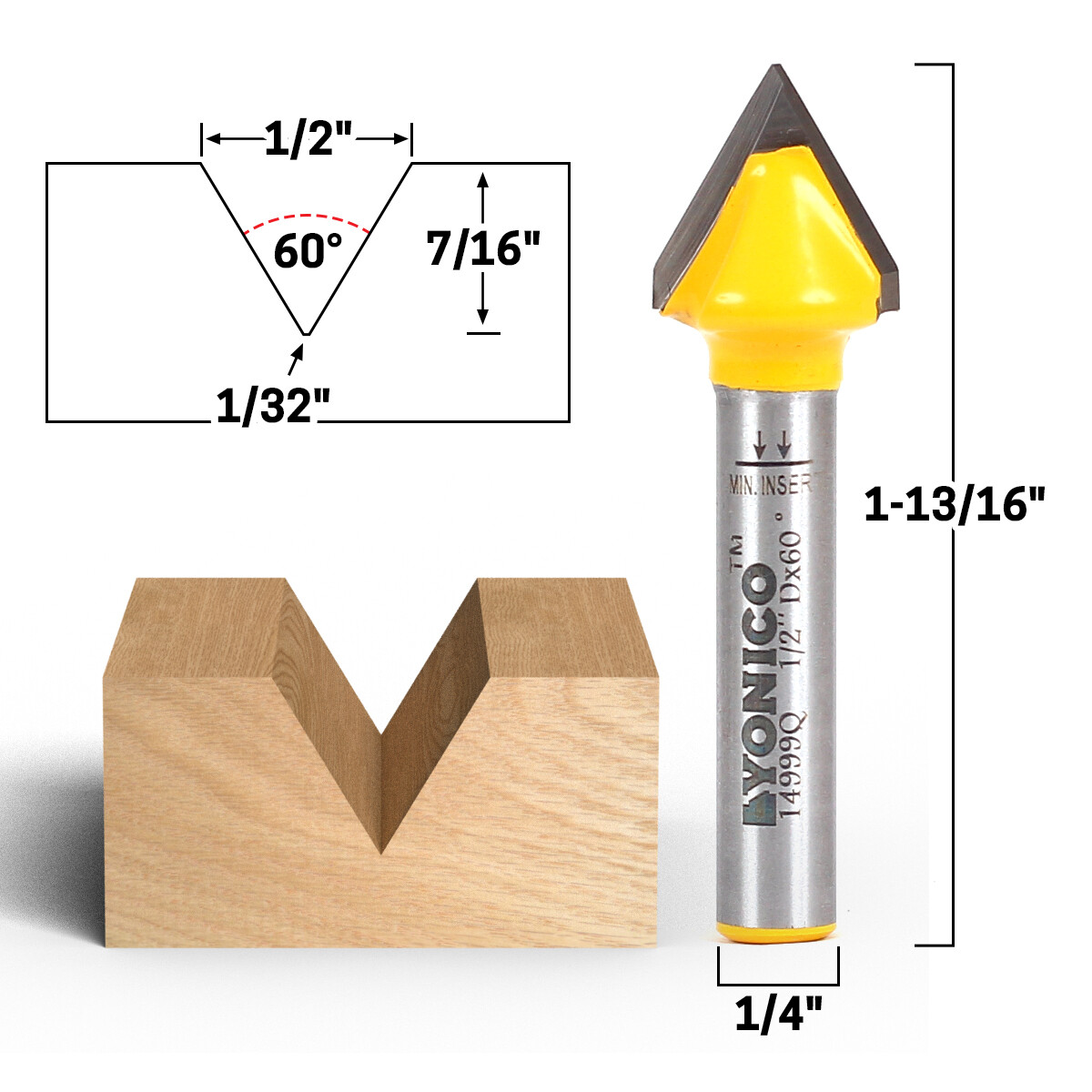 60 Degree X 1/2″ Diameter V Groove Router Bit – 1/4″ Shank – Yonico 14999q
