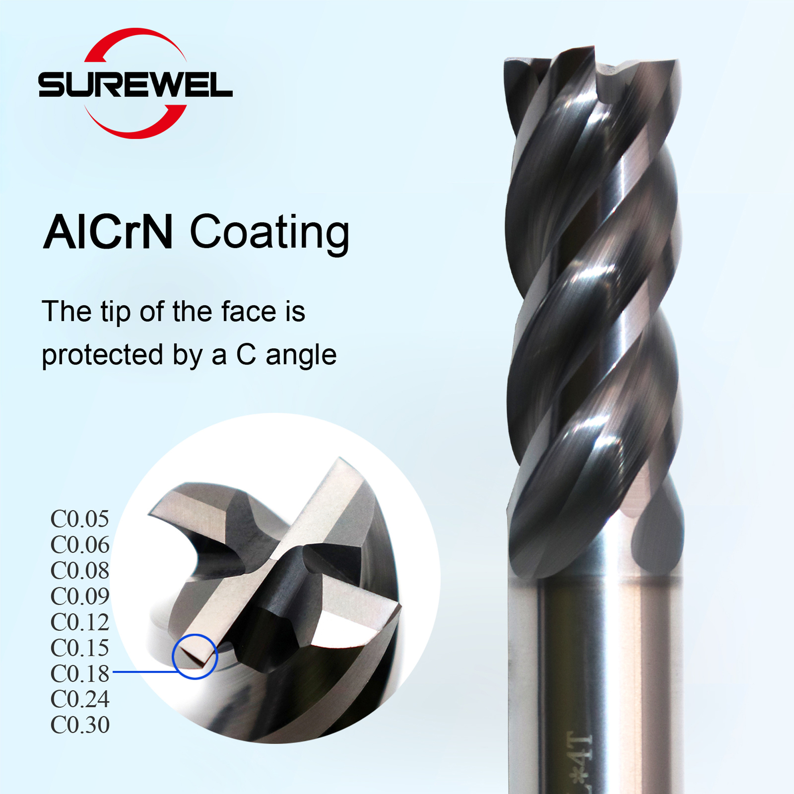 4 flute carbide end mill 6mm 12mm for machining stainless steel, titanium alloy