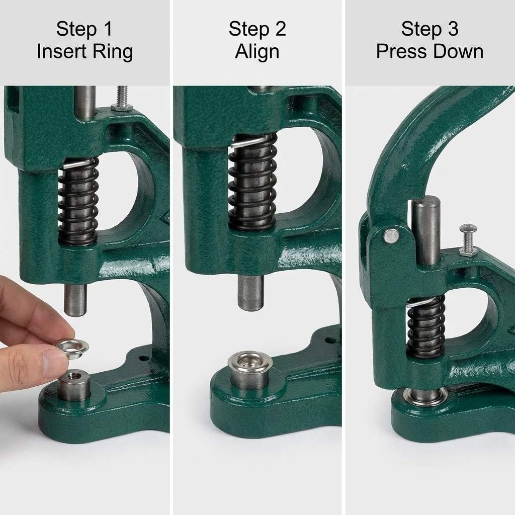 Heavy Duty Hand Press Eyelet Grommet Machine Punch Tool Kit – 3 Size Dies & 1…