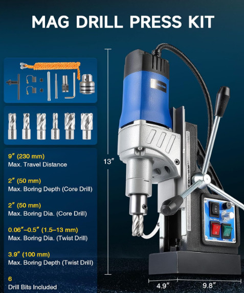 ZELCAN Mag Drill Press 1550W Portable Magnetic Drill 2″ Bore 6 Bits 580RPM