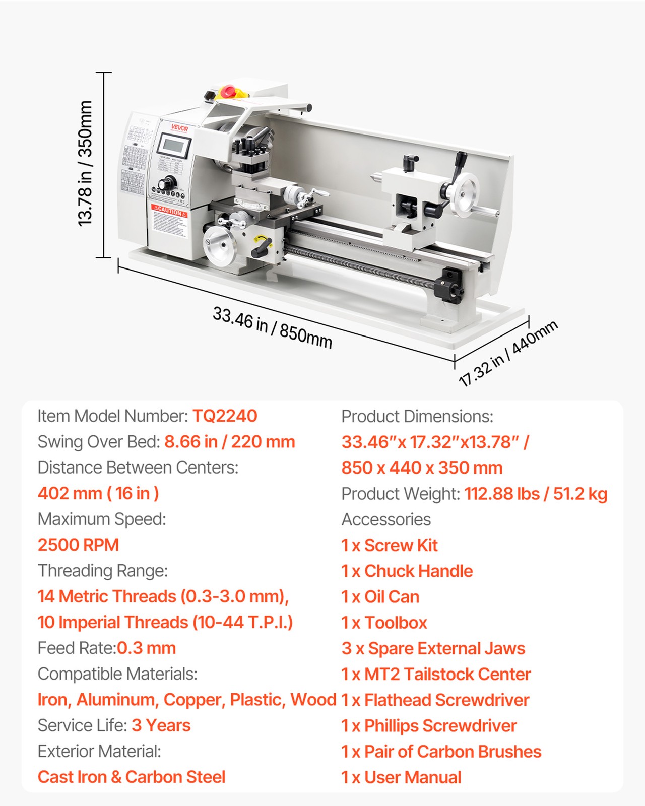 VEVOR Metal Lathe 8×16 in 650W Benchtop Lathe Machine Variable Speed 0-2500 RPM
