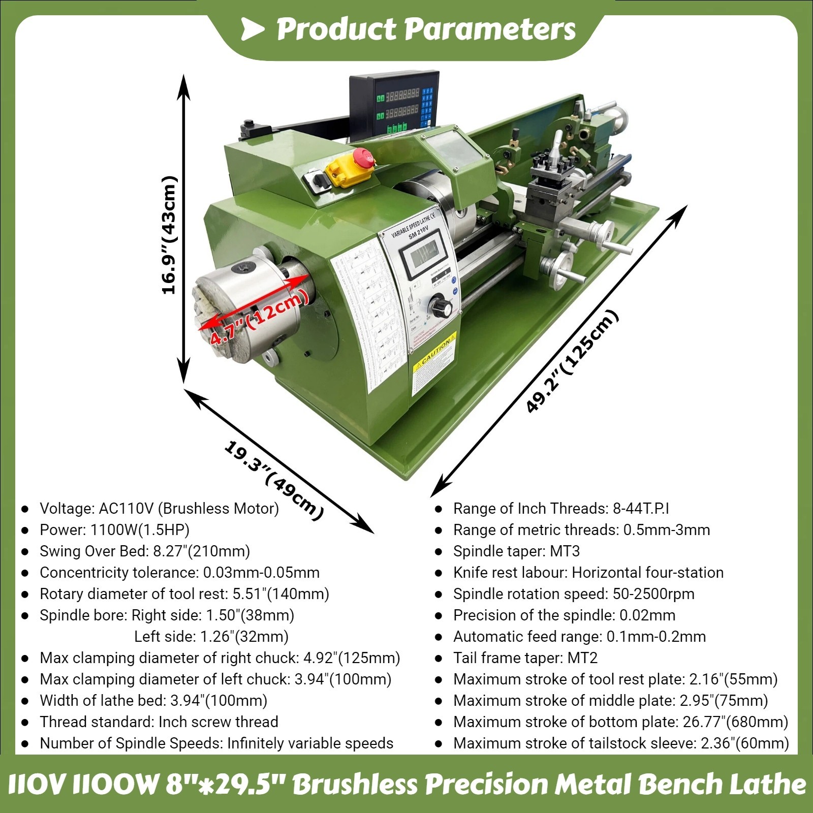 110V 1100W Double Chuck Brushless Precision Metal Bench Lathe with Grating Ruler