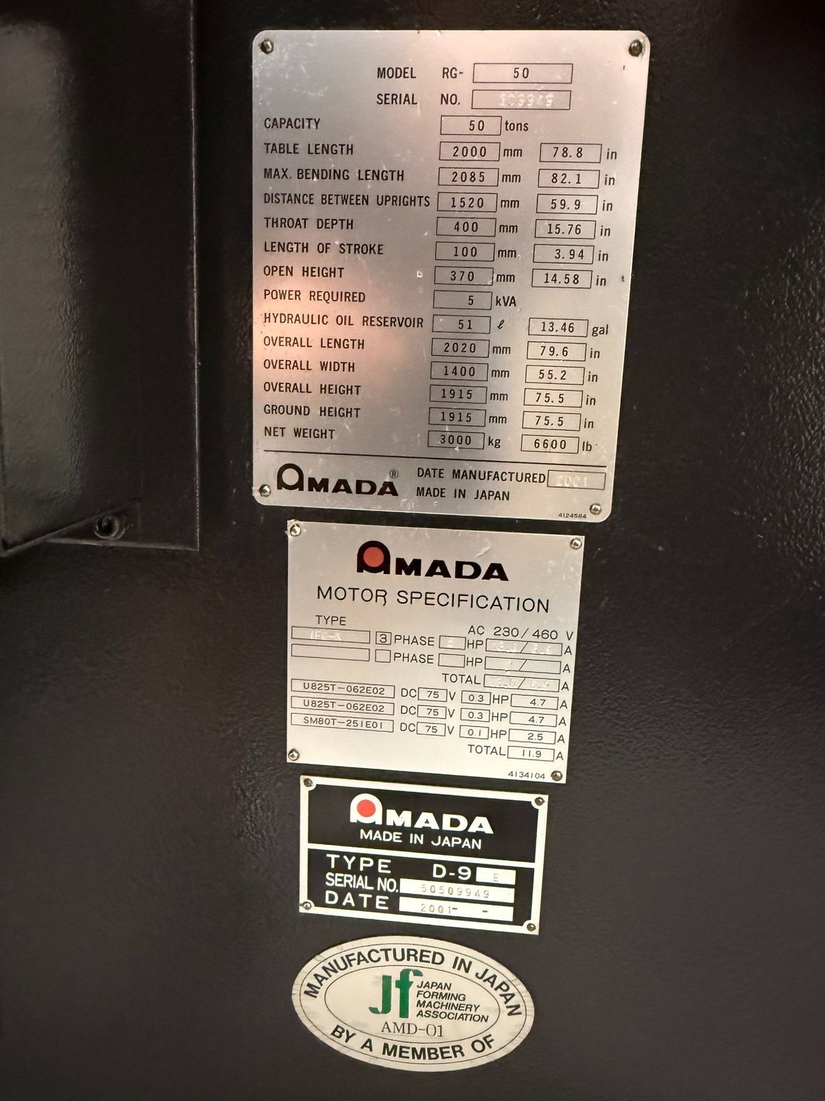 AMADA RG-50 78.8” x 55 Ton Up Acting Hydraulic Press Brake 2001’ #8415