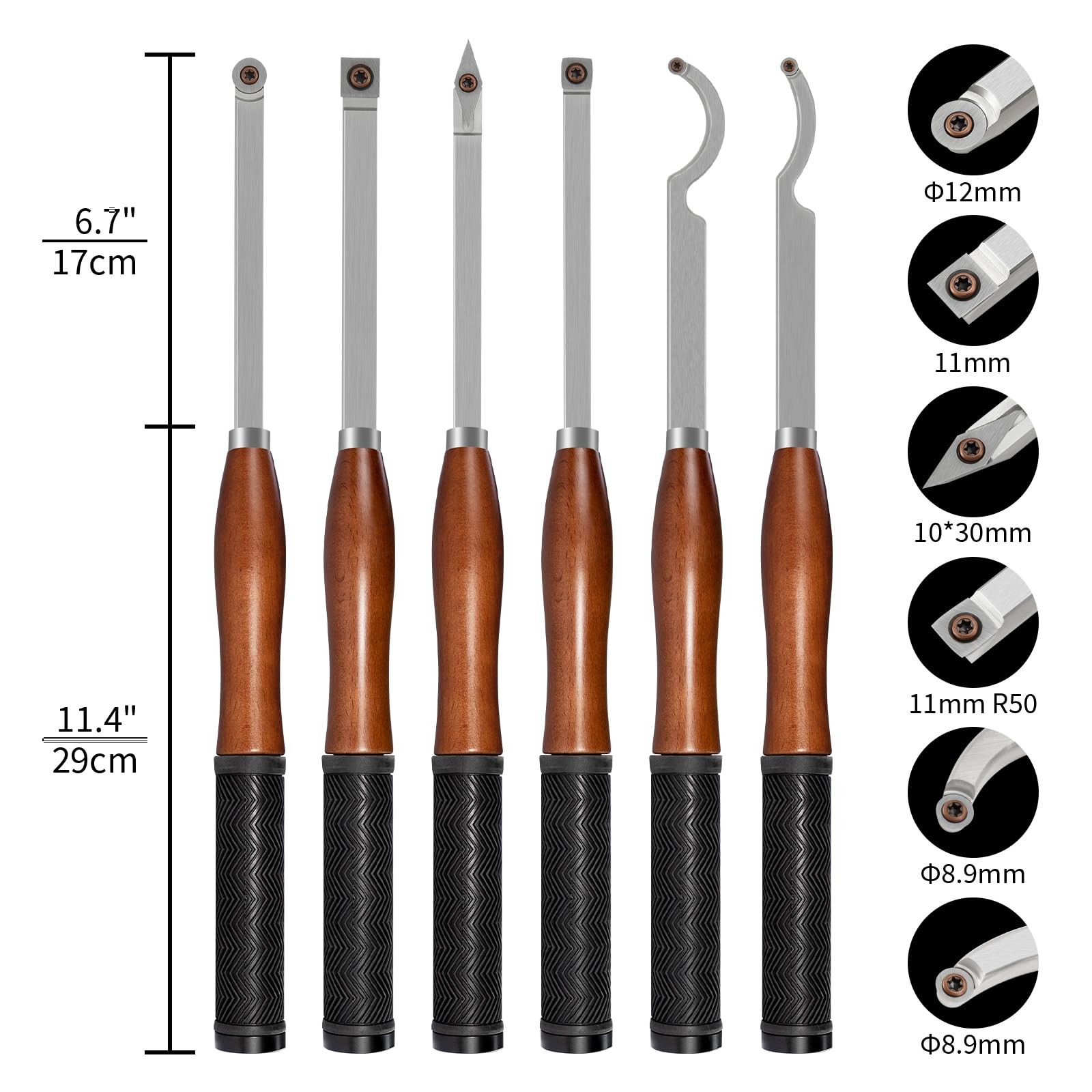 SIIIXS Full Size Carbide Wood Lathe Turning Tool Kit with Wooden Box, 6pcs 18″