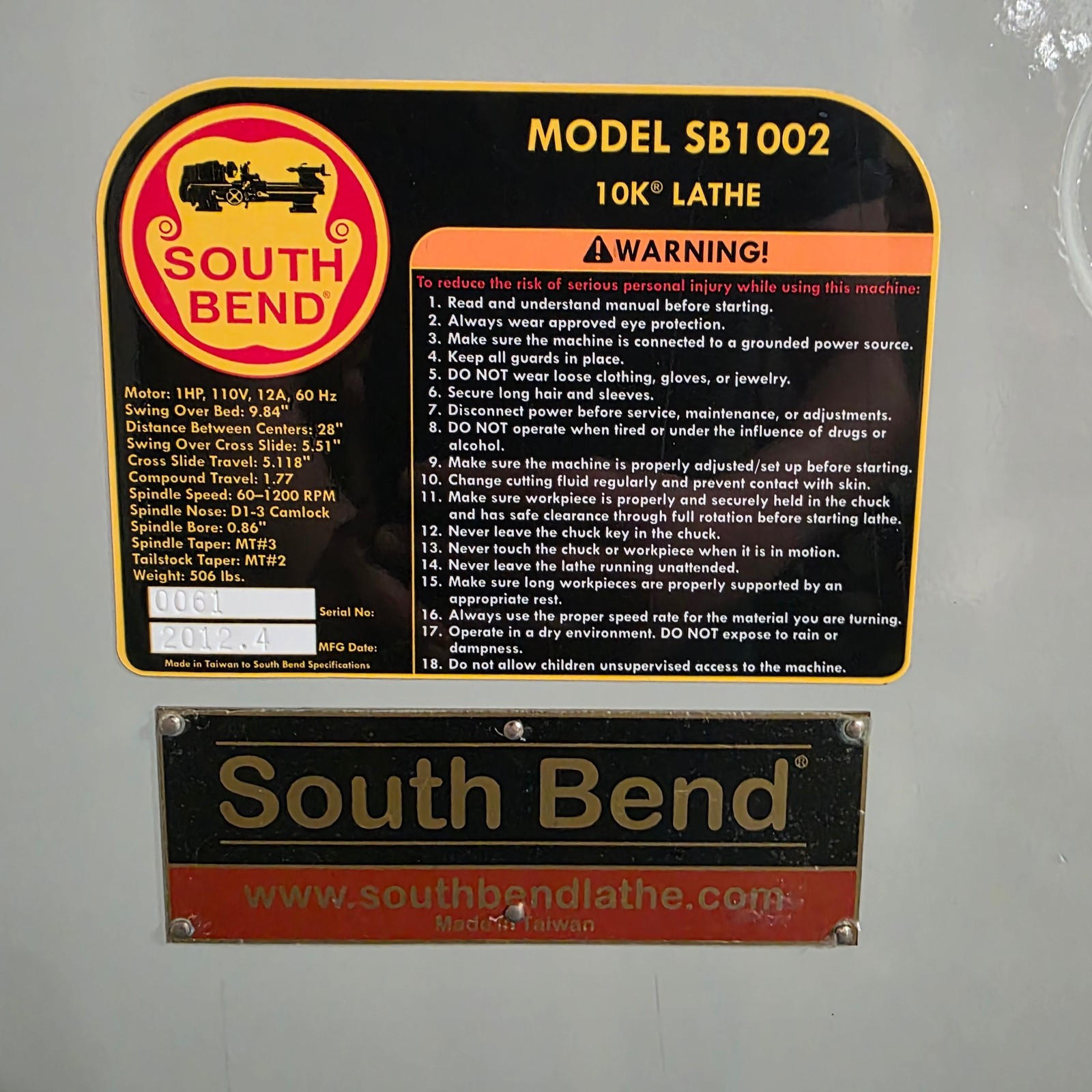 South Bend SB1002 10K-28″ Bench Lathe 9.84″ Swing 28″ Between Centers 1HP 120VAC