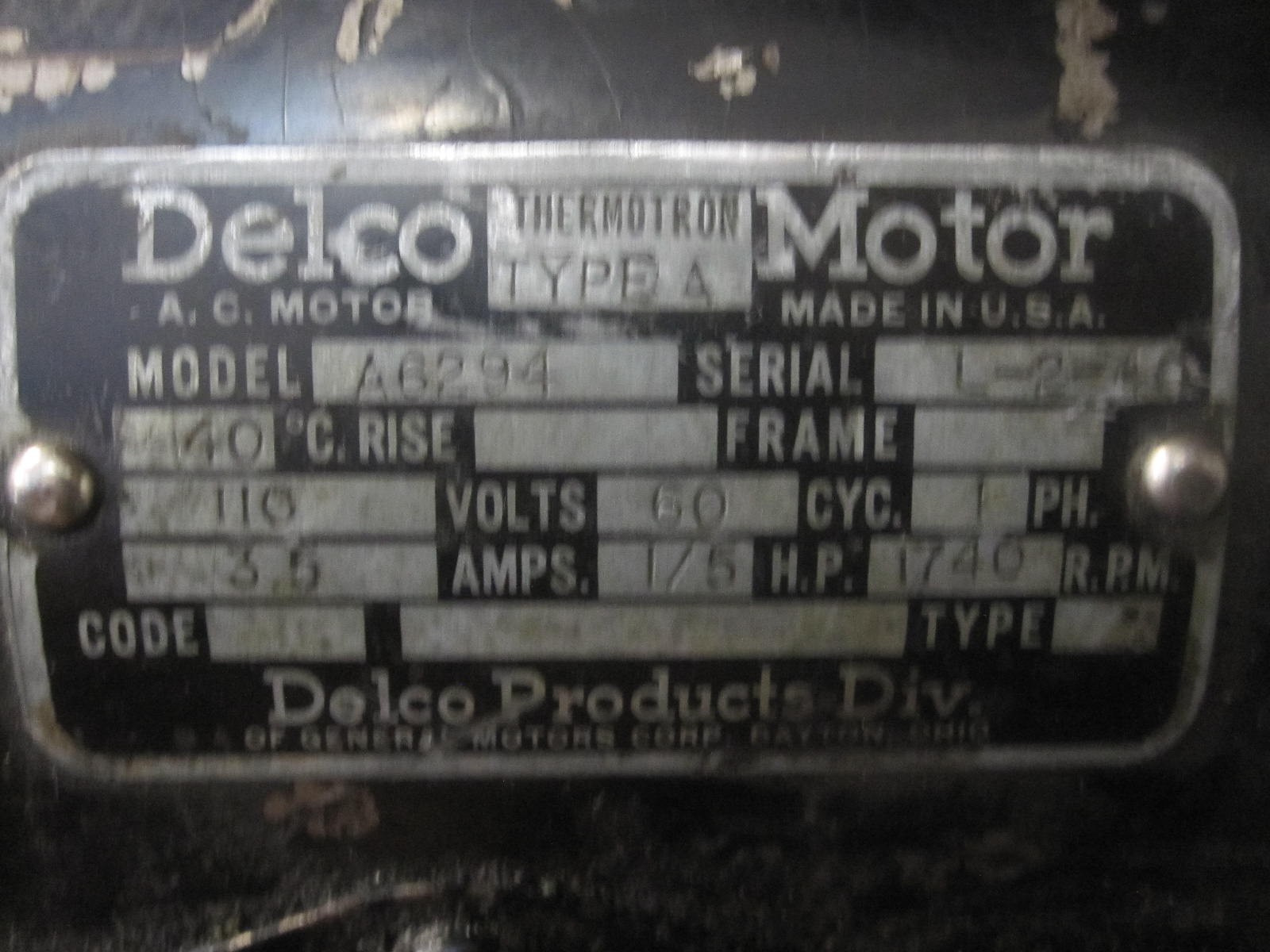 Delco Thermotron Type A Motor 1/5 HP 1740 RPM 110V A6294 Drill Press Lathe