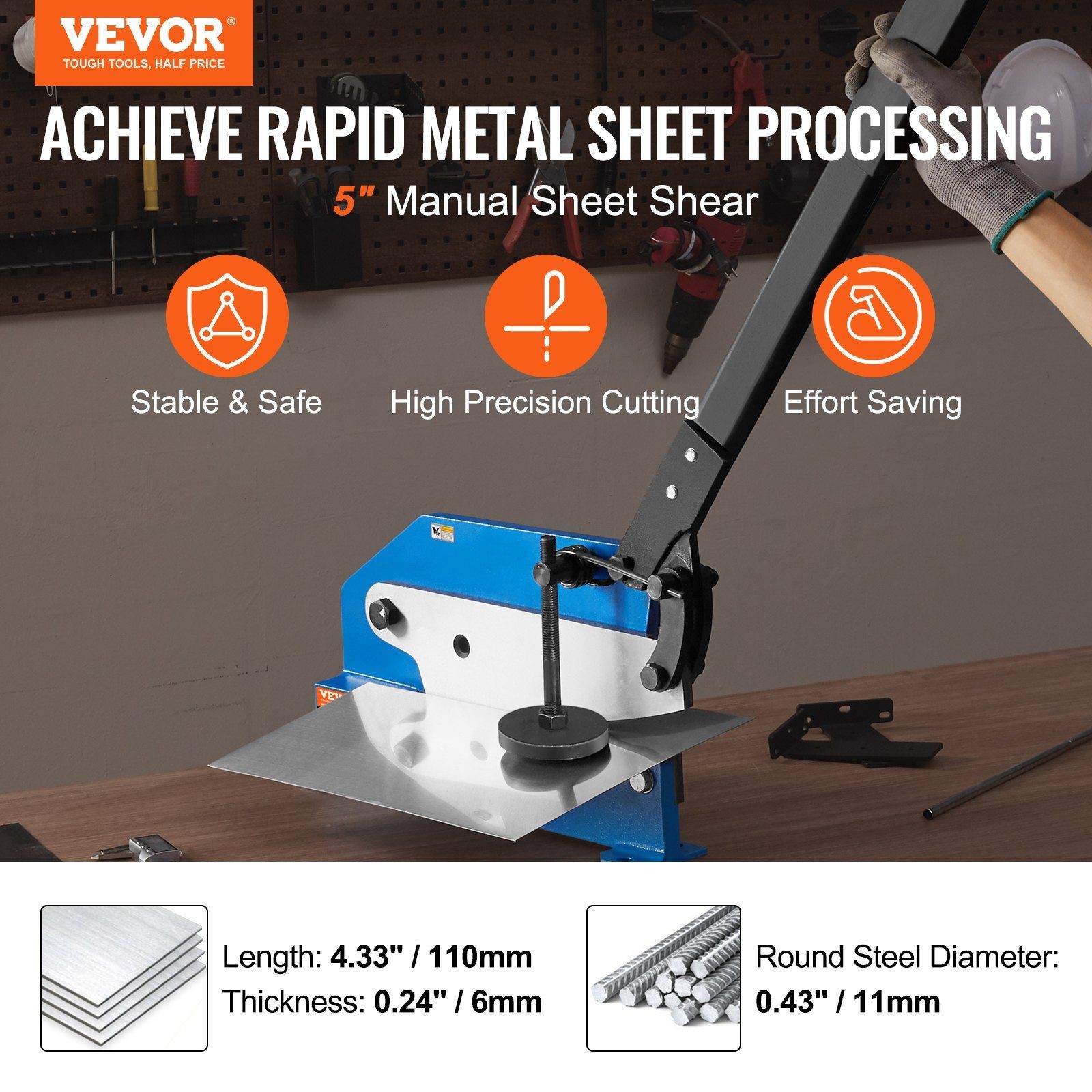 Hand-Powered 5in Metal Shear with 110mm x 6mm Capacity, Sturdy Q235 Base
