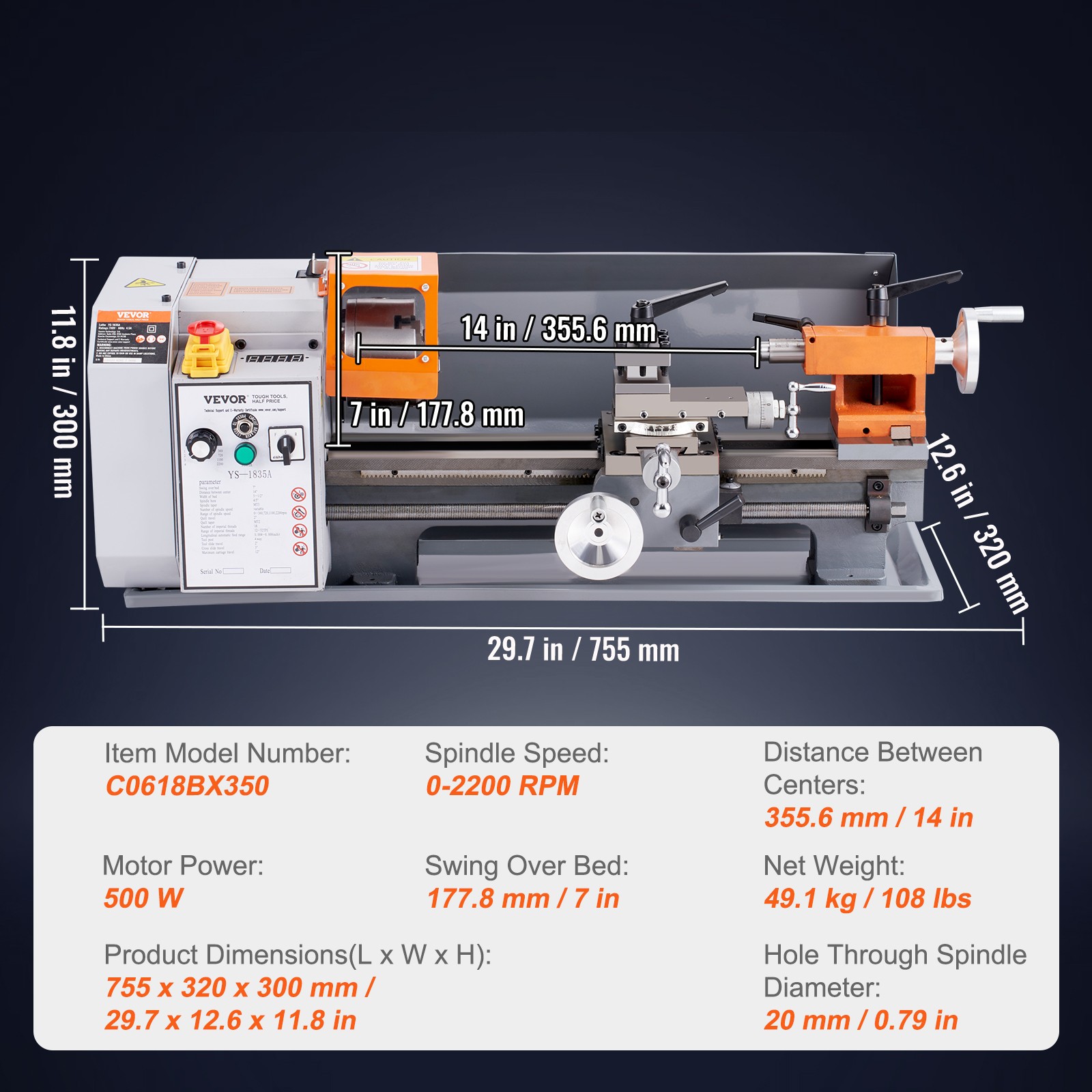 VEVOR Metal Lathe Power Lathe 7” x 13.78” 0-2200 RPM Continuously Variable
