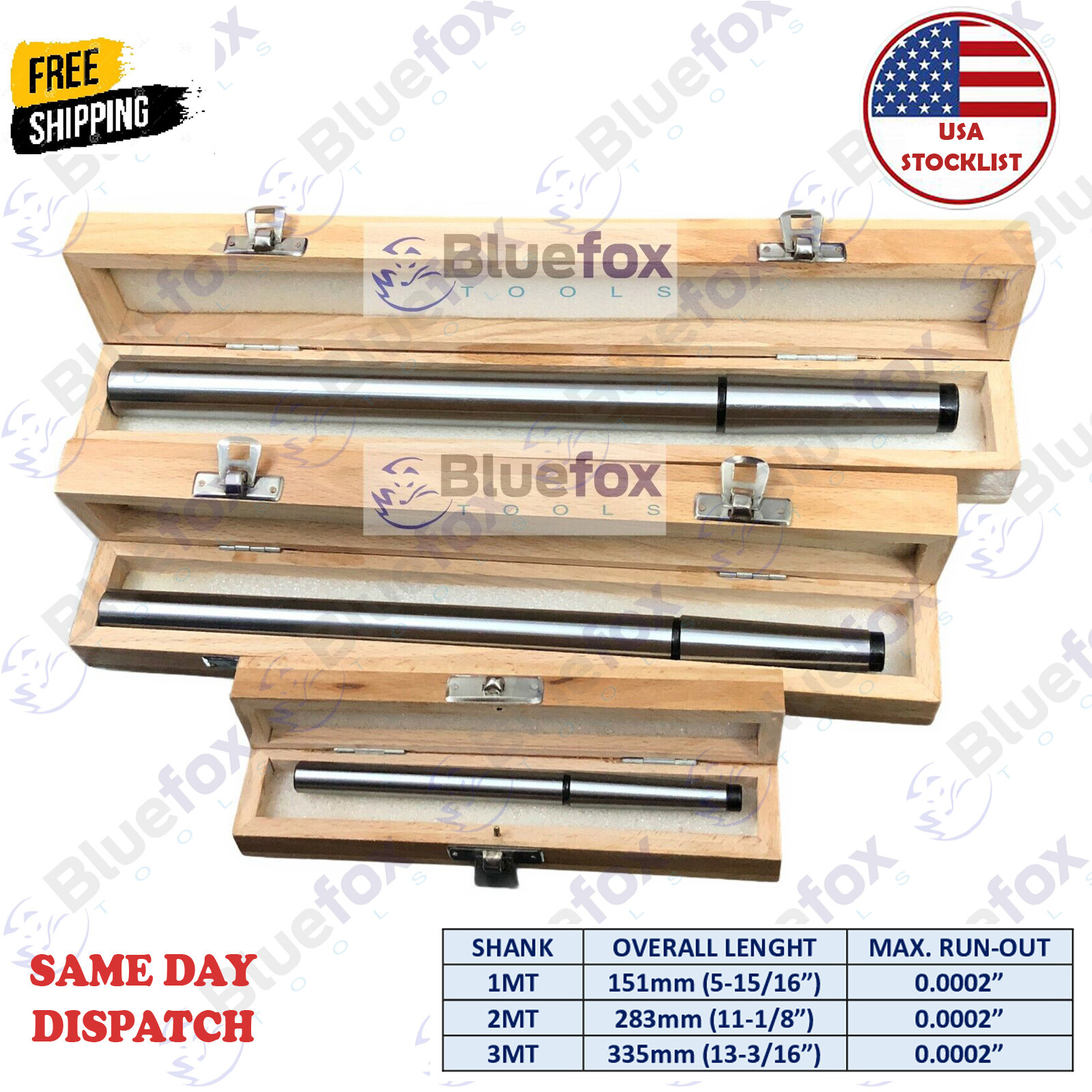 Lathe Alignment Test Bar Shank Size 1MT, 2MT, 3MT Wooden Box Bluefox