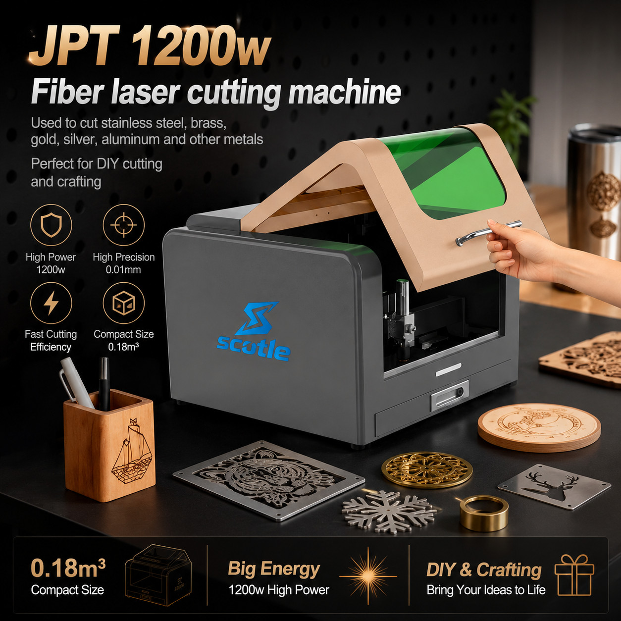 1200W JPT Desktop Metal Laser Cutter 2-in-1 Cutting Engraving Air-Cooled 300*300