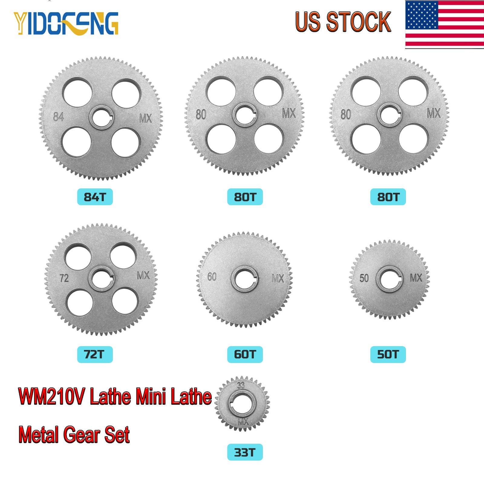 US)WM210V Lathe Metal Gear Set:T84 T80X2 T72 T60 T50 T33 Imperial Change Gear Ki