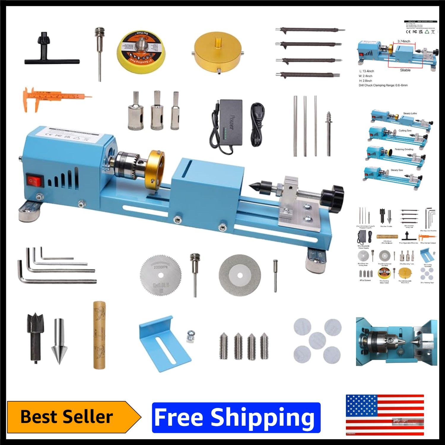 Compact and Powerful Mini Lathe for DIY Woodworking – 96W, 7-Speed Functionality