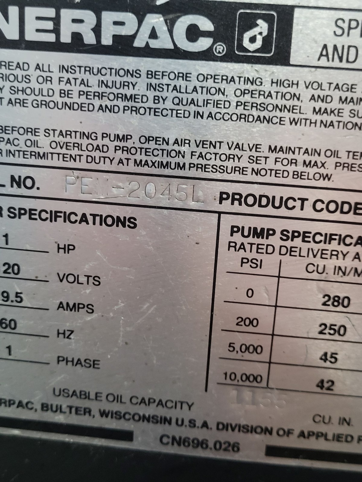 ENERPAC PEM-2045L HYDRAULIC PUMP – 1 HP 120 V