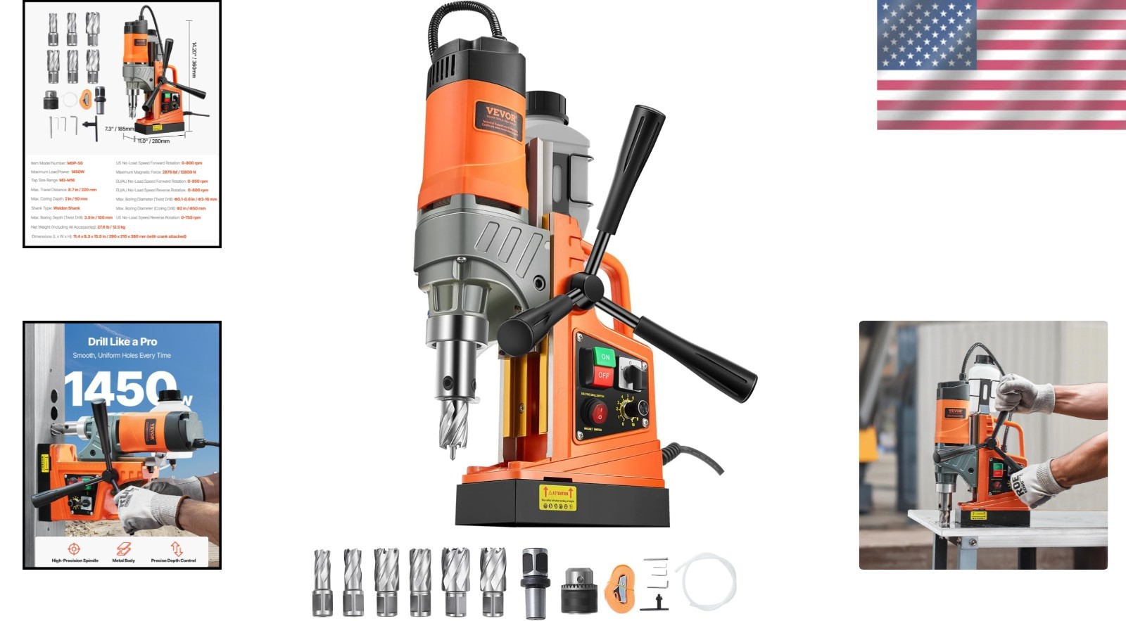 1450W Portable Magnetic Drill Press with 6 Coring Bits – Precise Metal Drilling