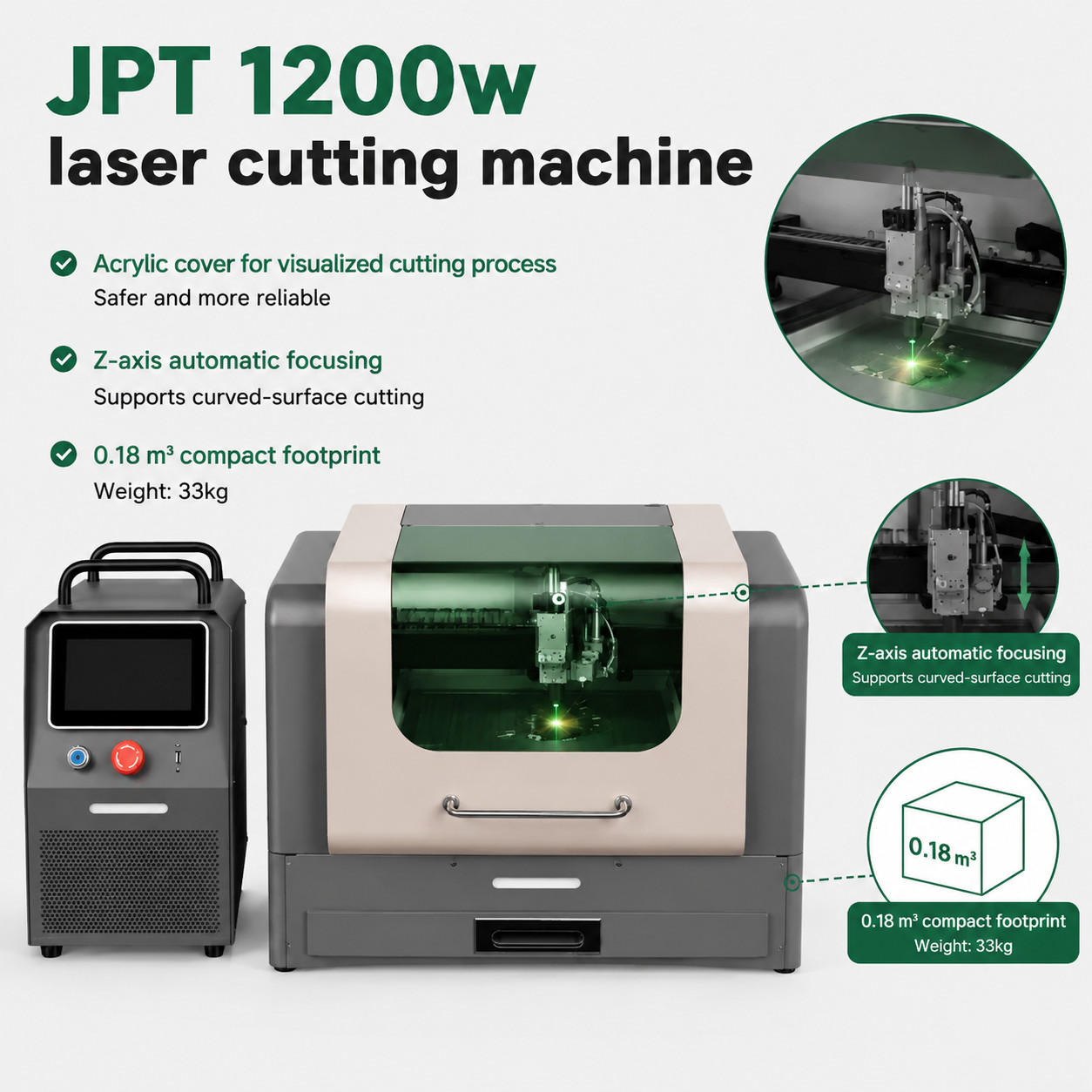 1200W JPT Desktop Metal Laser Cutter Metal Cutting Engraving Air-Cool 300*300mm