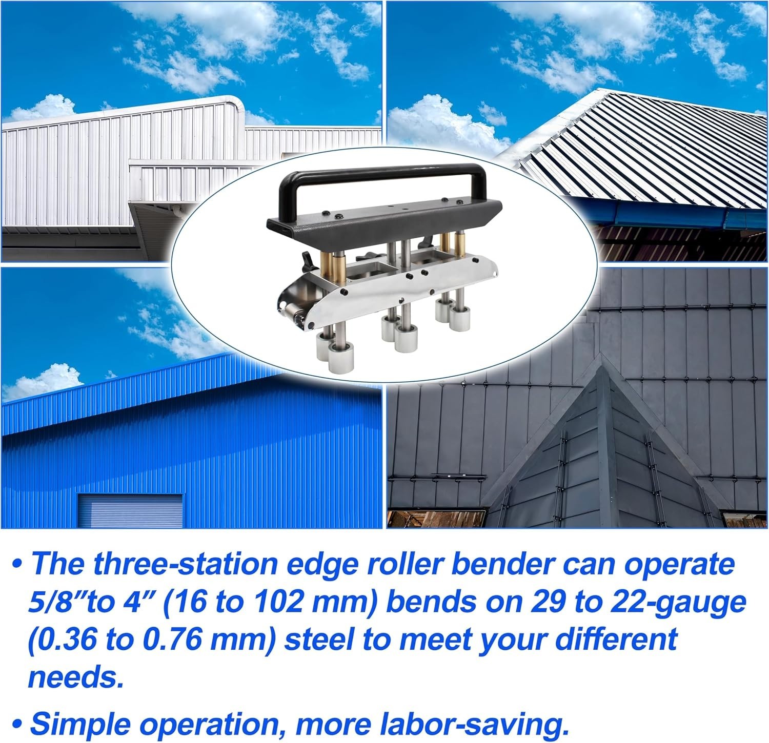 Durable Steel Roofing Edge Roller Tool: 3-Station Straight & Curved Bender