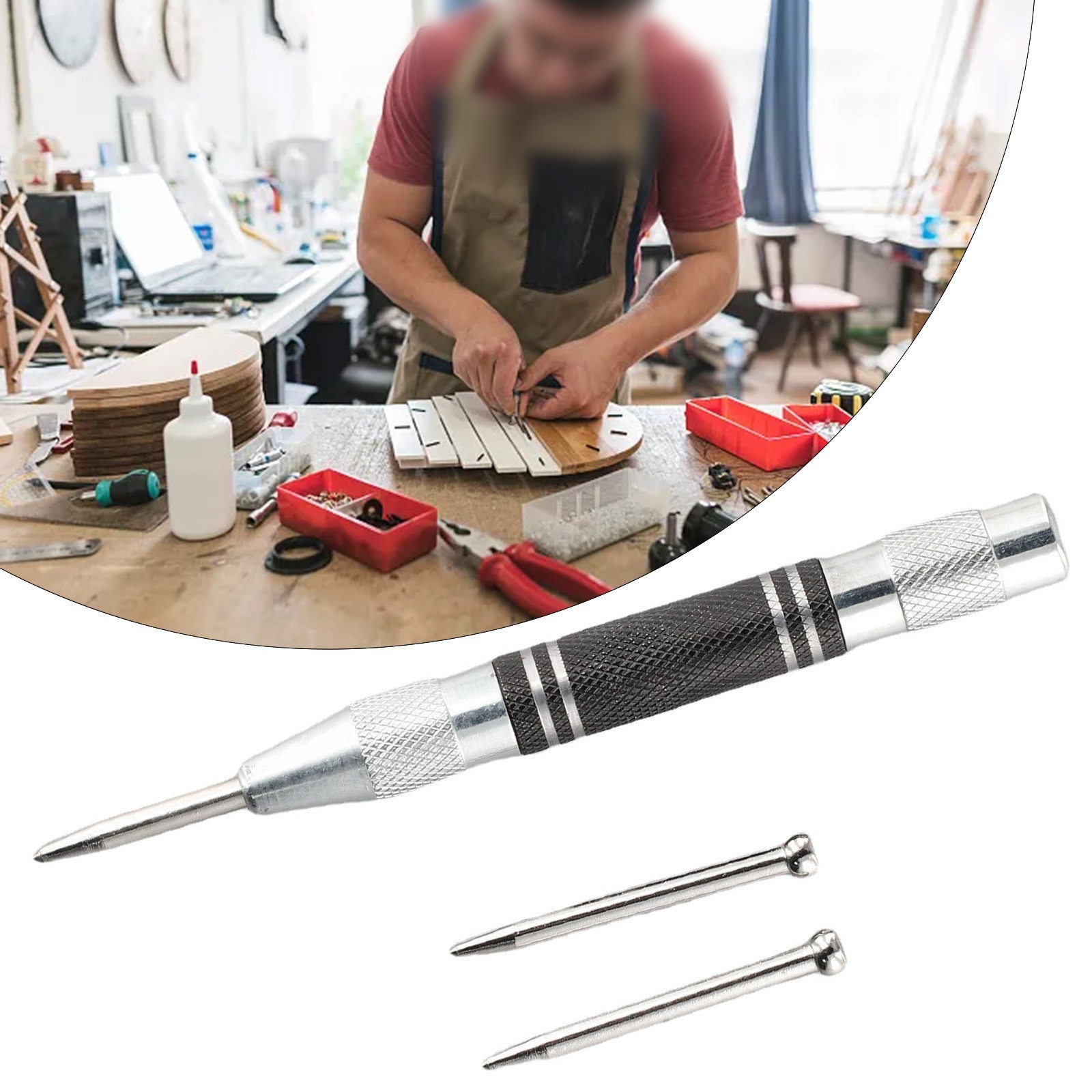 Automatic Center Punch Adjustable Positioning Center Punch Silver Black
