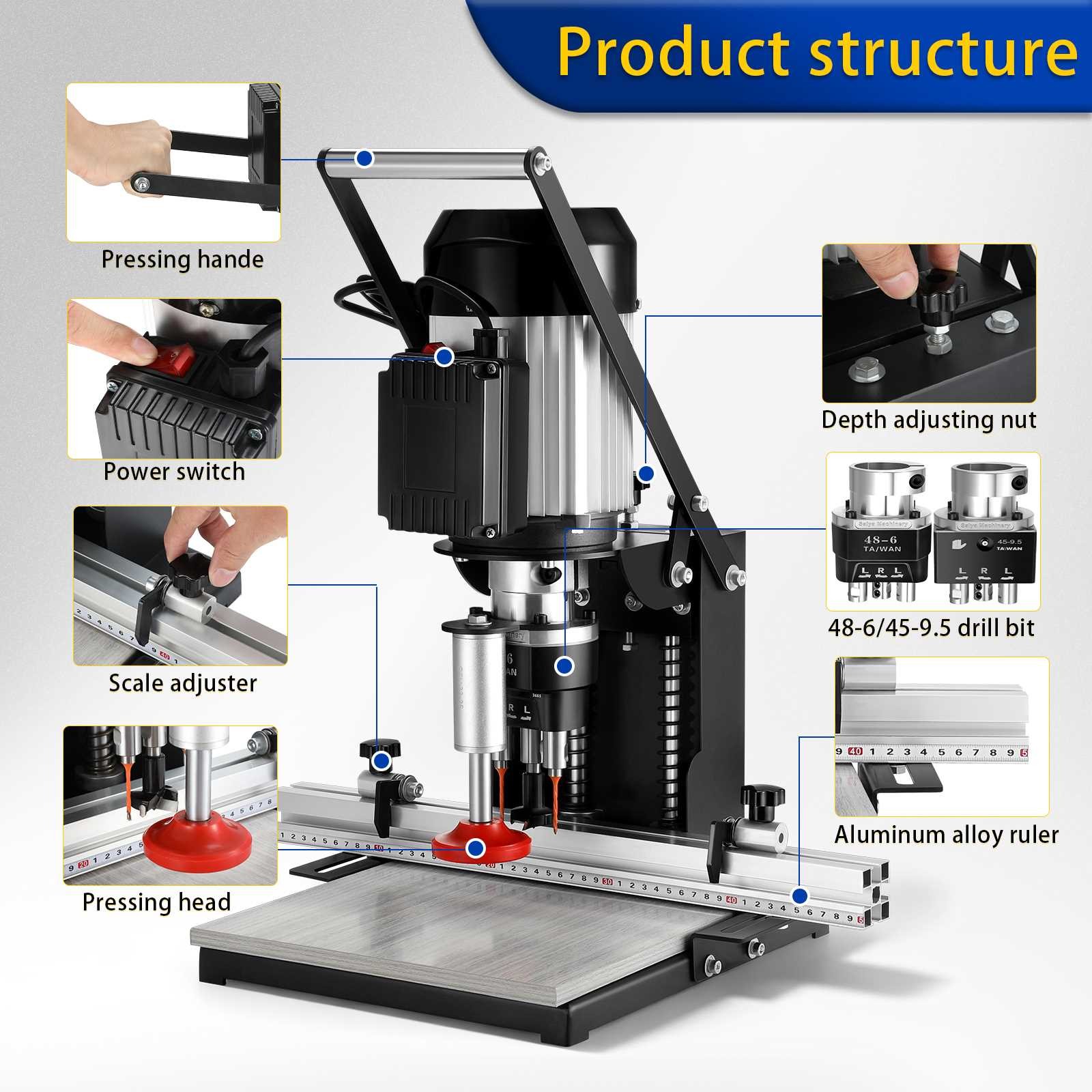 1100W Manual Hinge Drilling Machine Woodworking Boring Includes Two Drill Bits