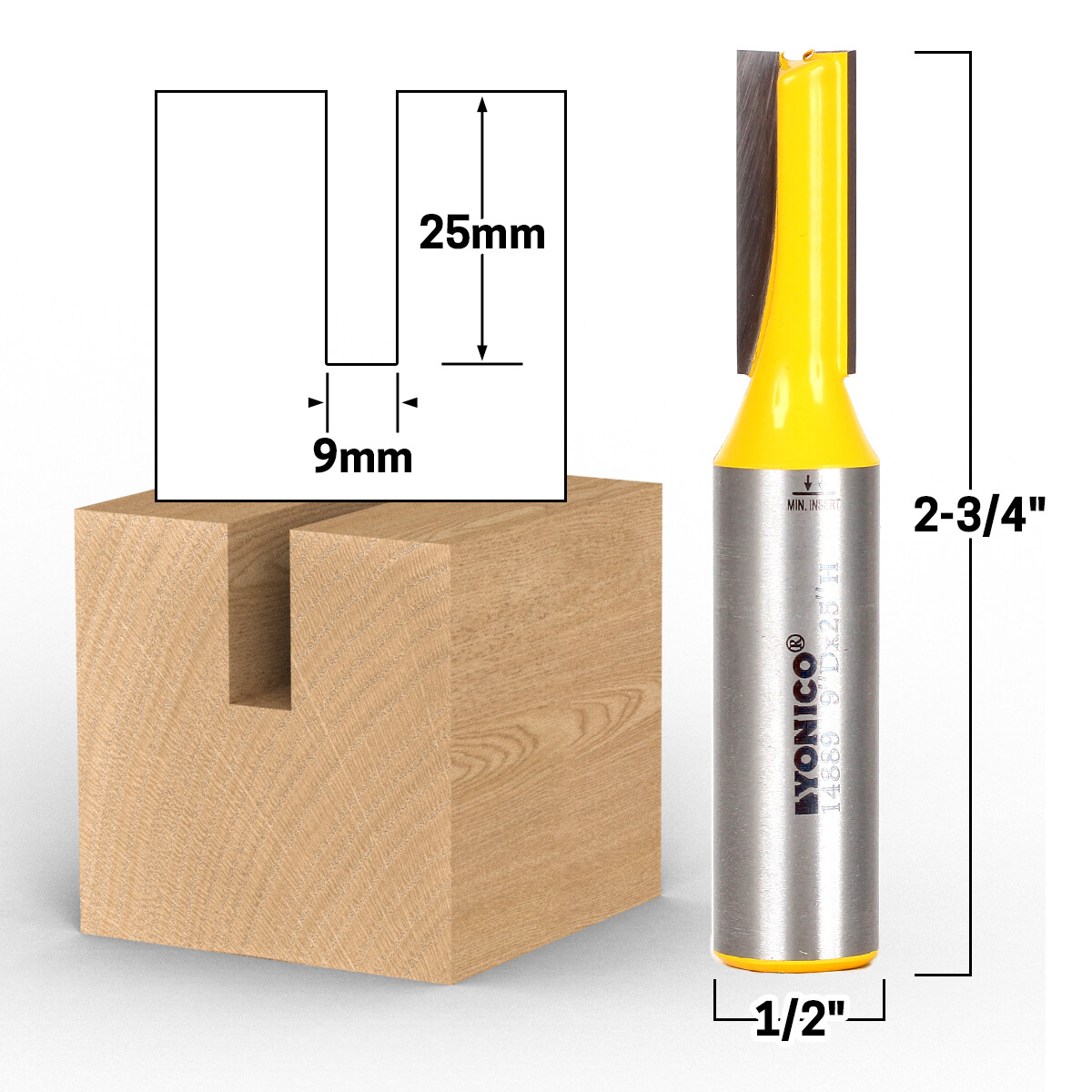 9mm CD x 25mm CL Straight Router Bit Metric – 1/2″ Shank – Yonico 14889