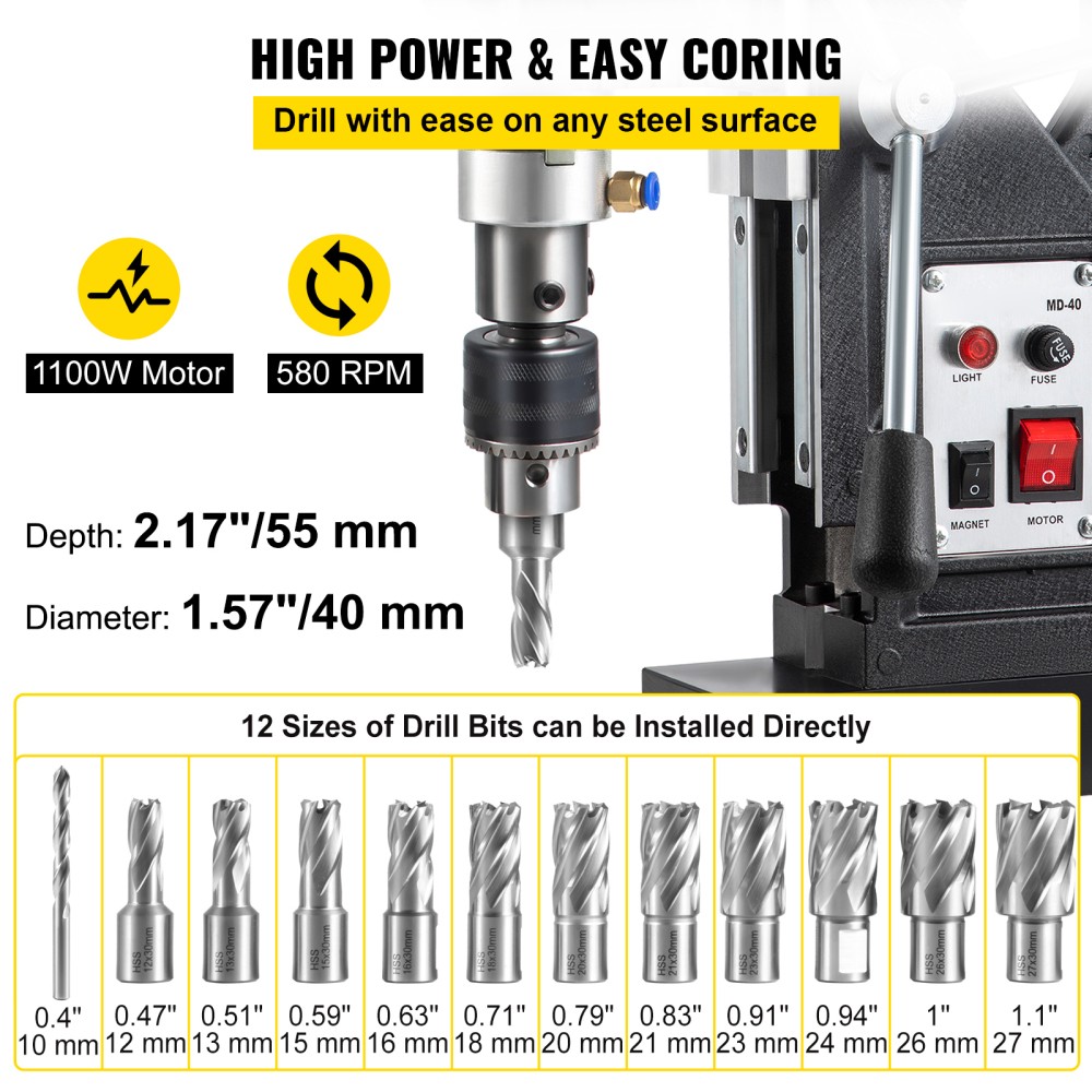 Magnetic Drill 1100W 1.57 Inch Boring Diameter 2697 lbf Portable Electric Mag