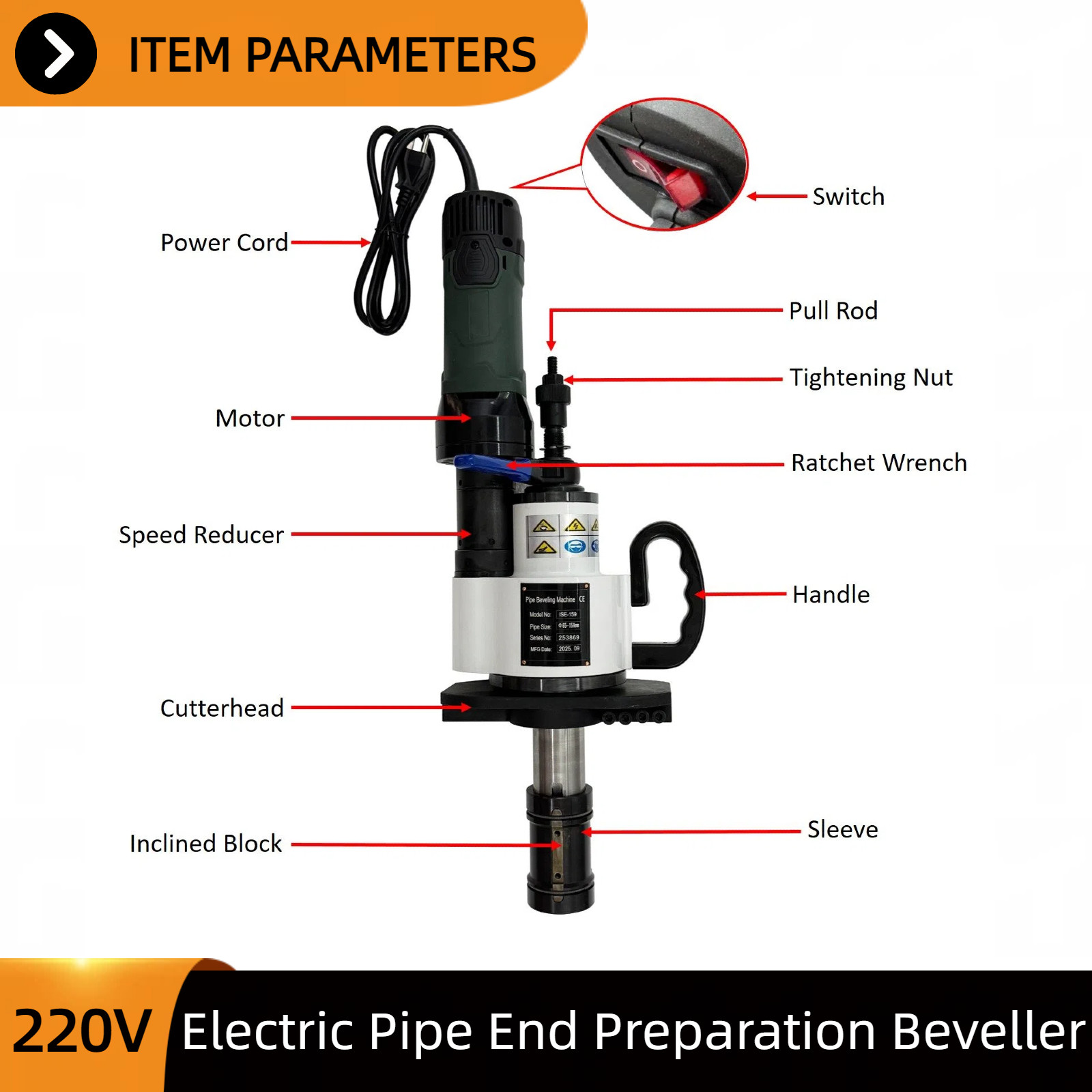 Pipe End Beveling Machine 220V 65-159mm Internal Expanding Type Beveller