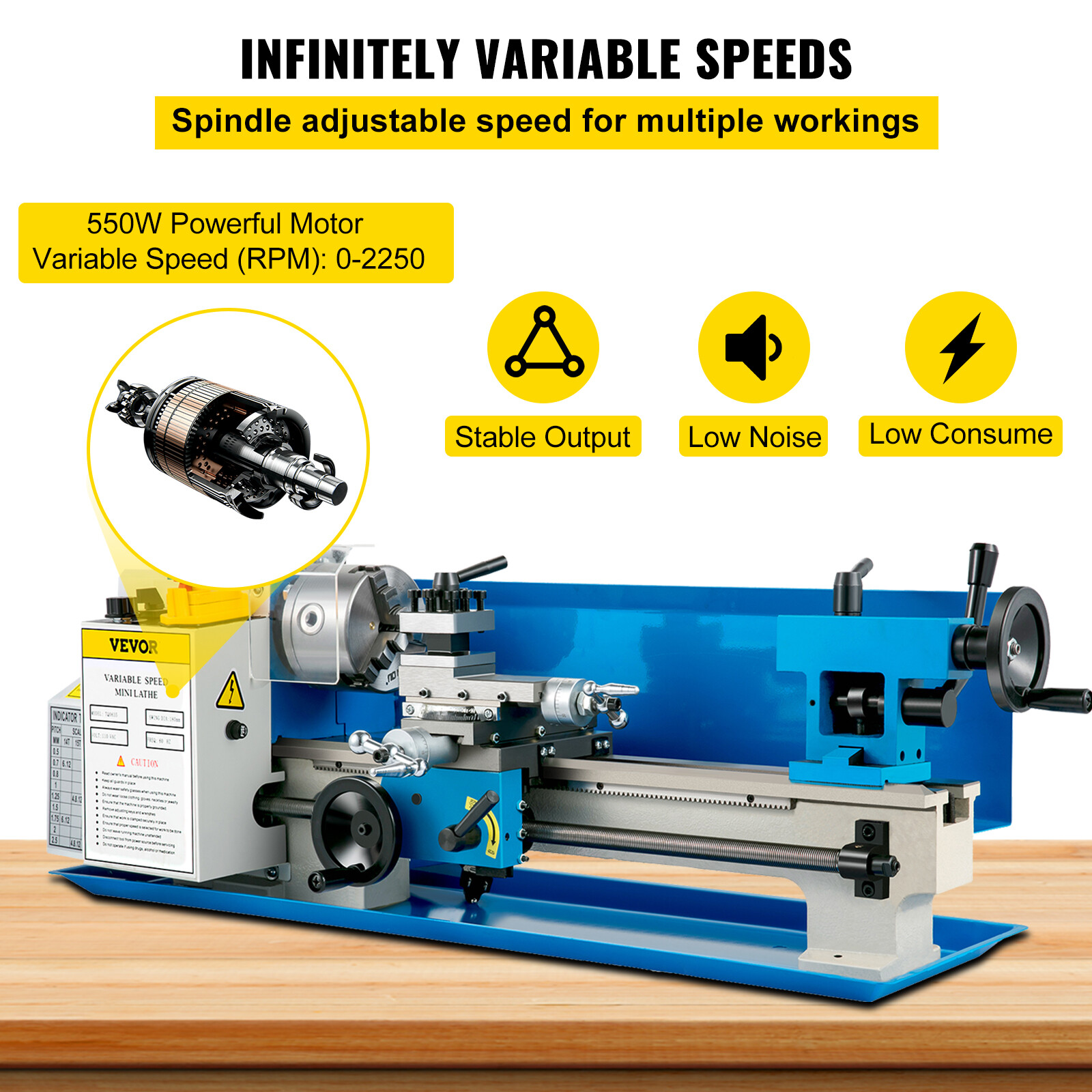 SIHAO 7×14 Mini Metal Lathe Machine 550W Variable Speed Precision Benchtop Tool
